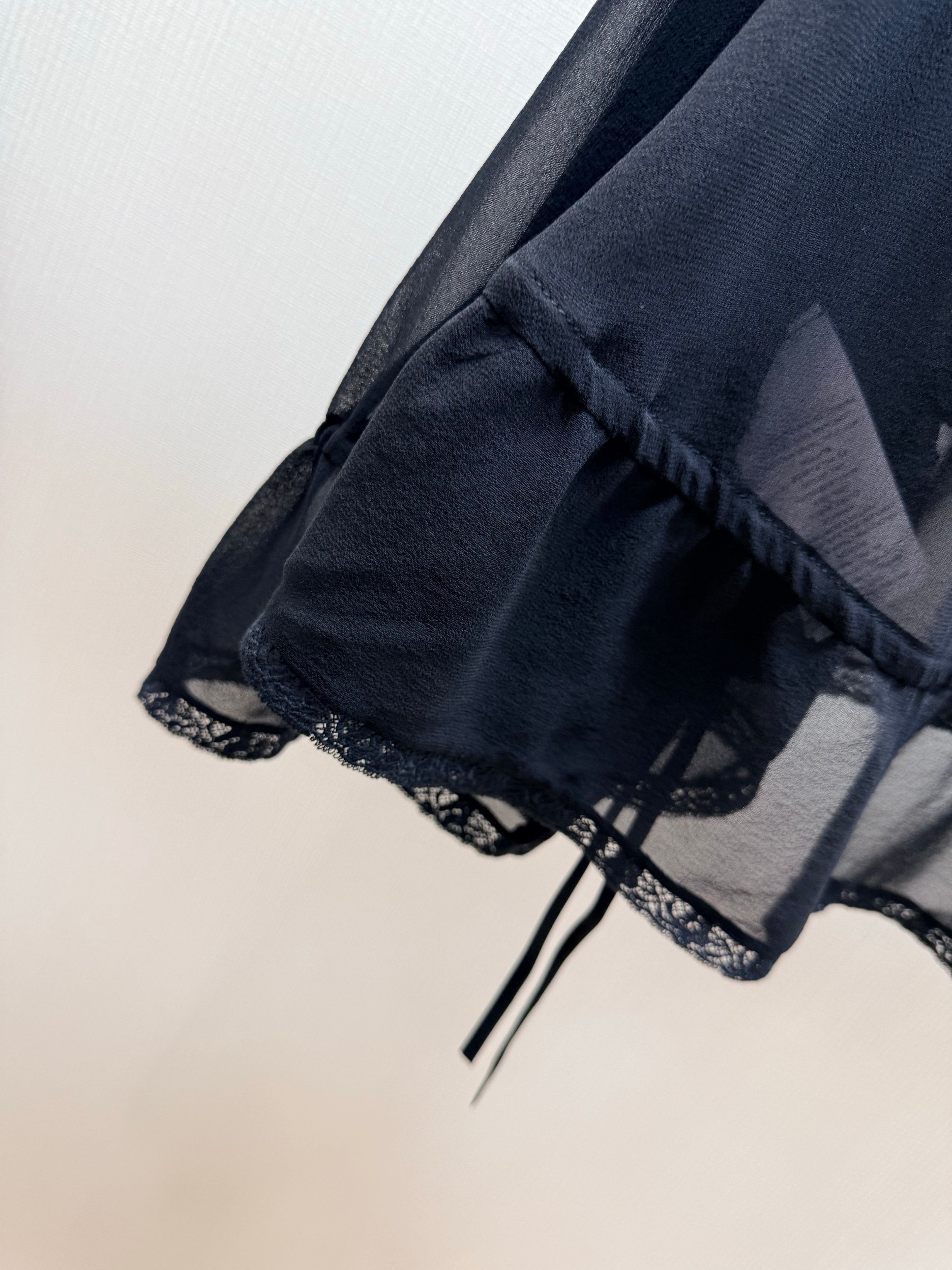 CHLOE 26S SHEER RUFFLE BLOUSE IN BLACK CHIFFON
