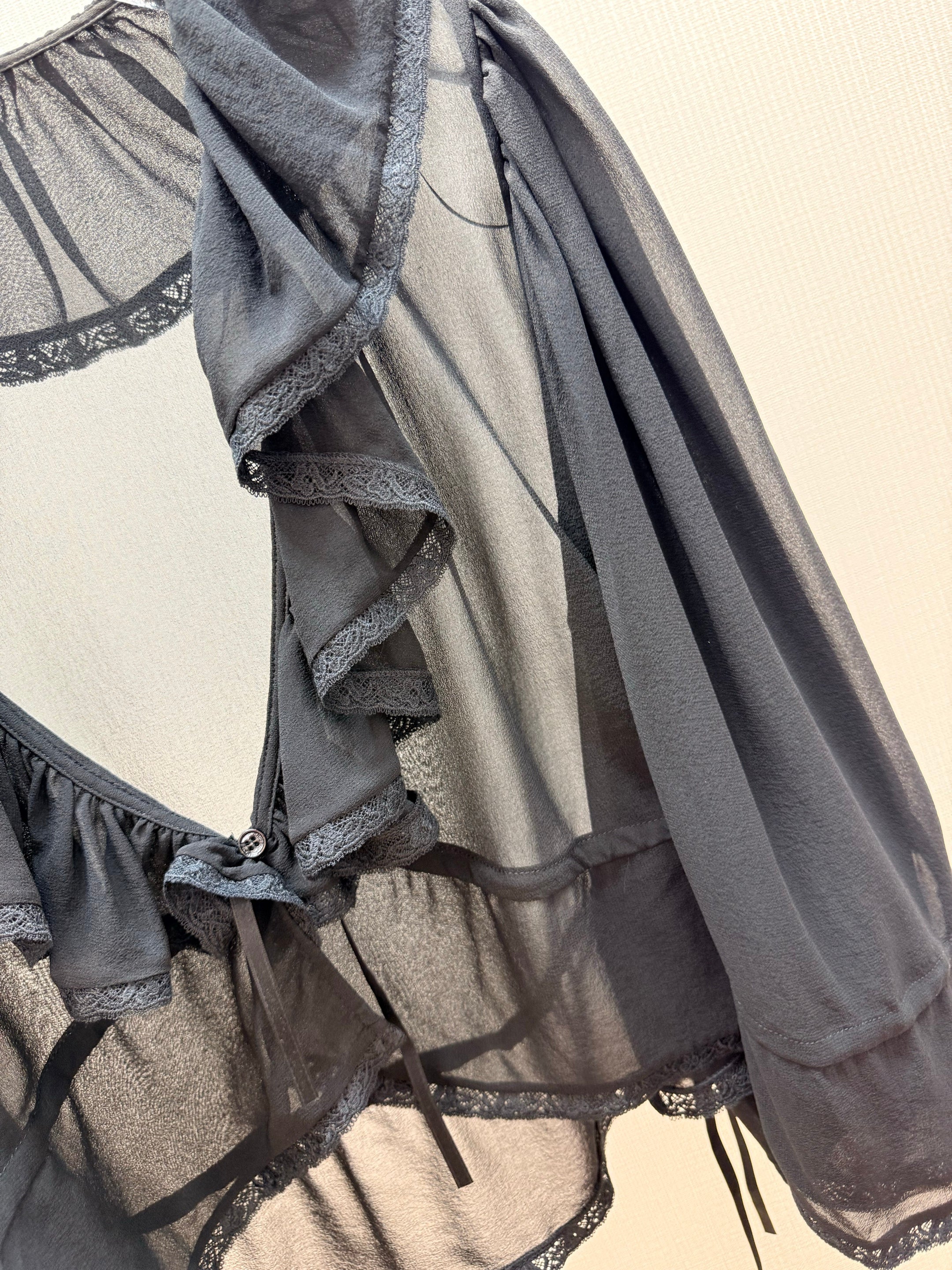 CHLOE 26S SHEER RUFFLE BLOUSE IN BLACK CHIFFON