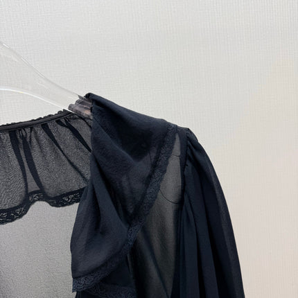 CHLOE 26S SHEER RUFFLE BLOUSE IN BLACK CHIFFON