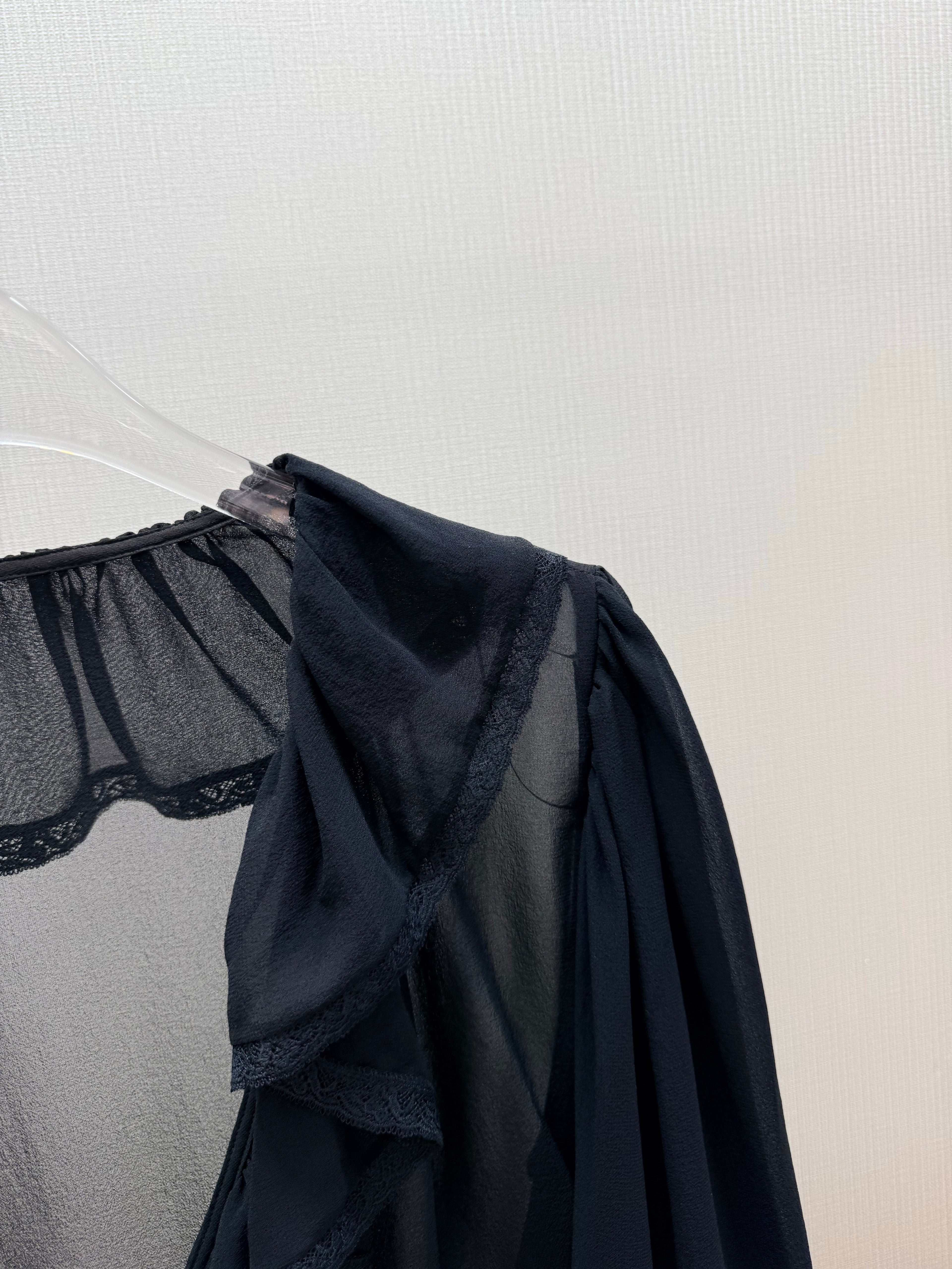 CHLOE 26S SHEER RUFFLE BLOUSE IN BLACK CHIFFON