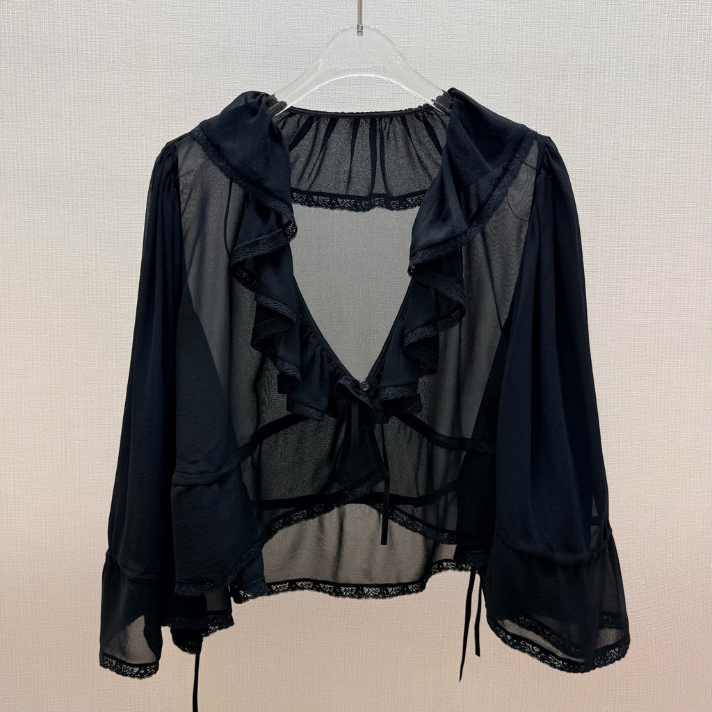 CHLOE 26S SHEER RUFFLE BLOUSE IN BLACK CHIFFON
