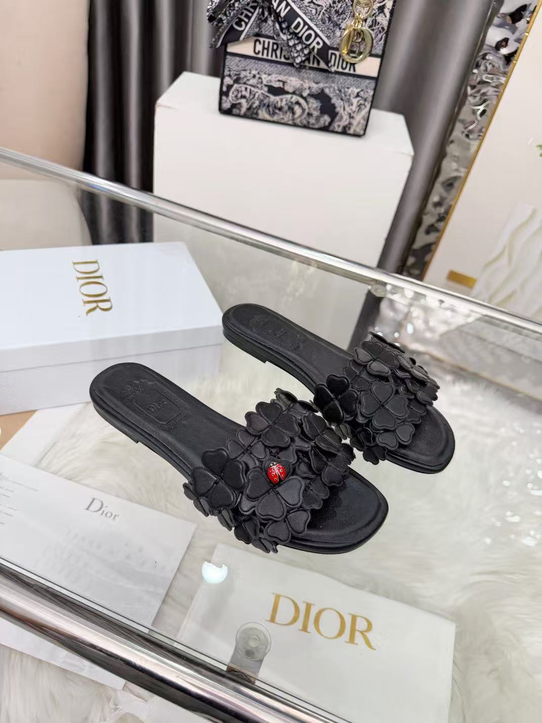 DIOR 26S SLIDE SANDALS IN HEART FLORAL BLACK CALFSKIN