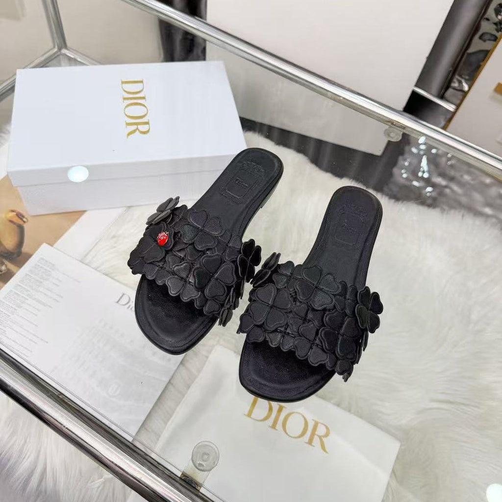 DIOR 26S SLIDE SANDALS IN HEART FLORAL BLACK CALFSKIN