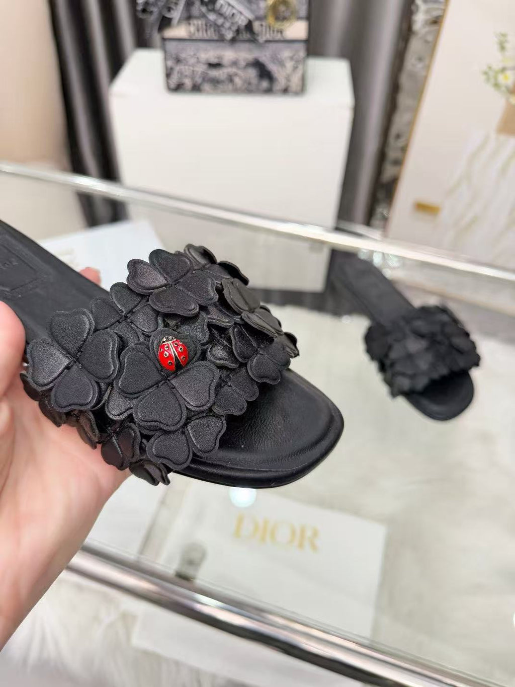 DIOR 26S SLIDE SANDALS IN HEART FLORAL BLACK CALFSKIN