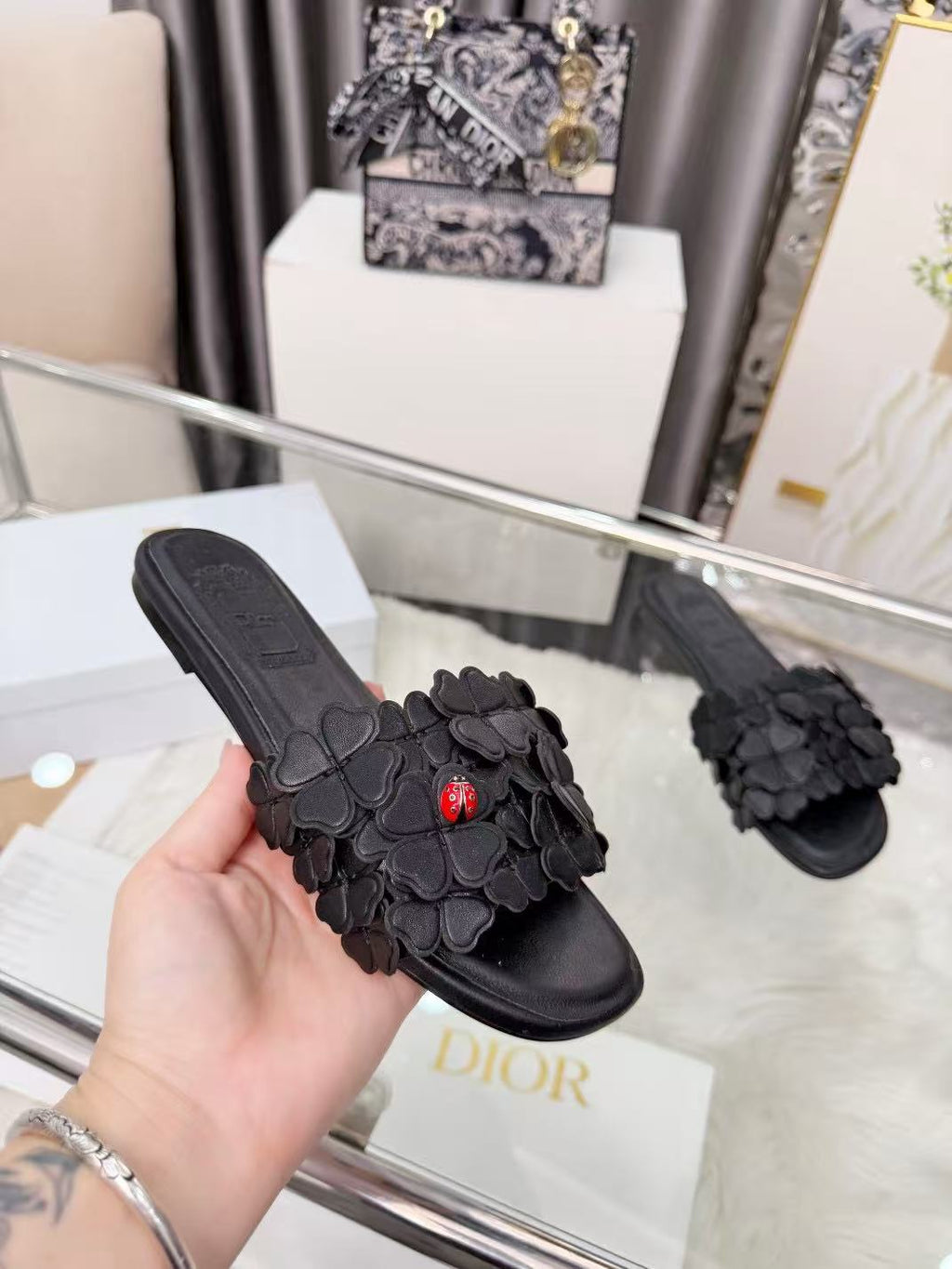 DIOR 26S SLIDE SANDALS IN HEART FLORAL BLACK CALFSKIN