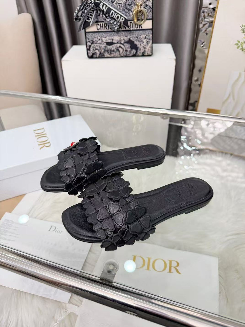 DIOR 26S SLIDE SANDALS IN HEART FLORAL BLACK CALFSKIN