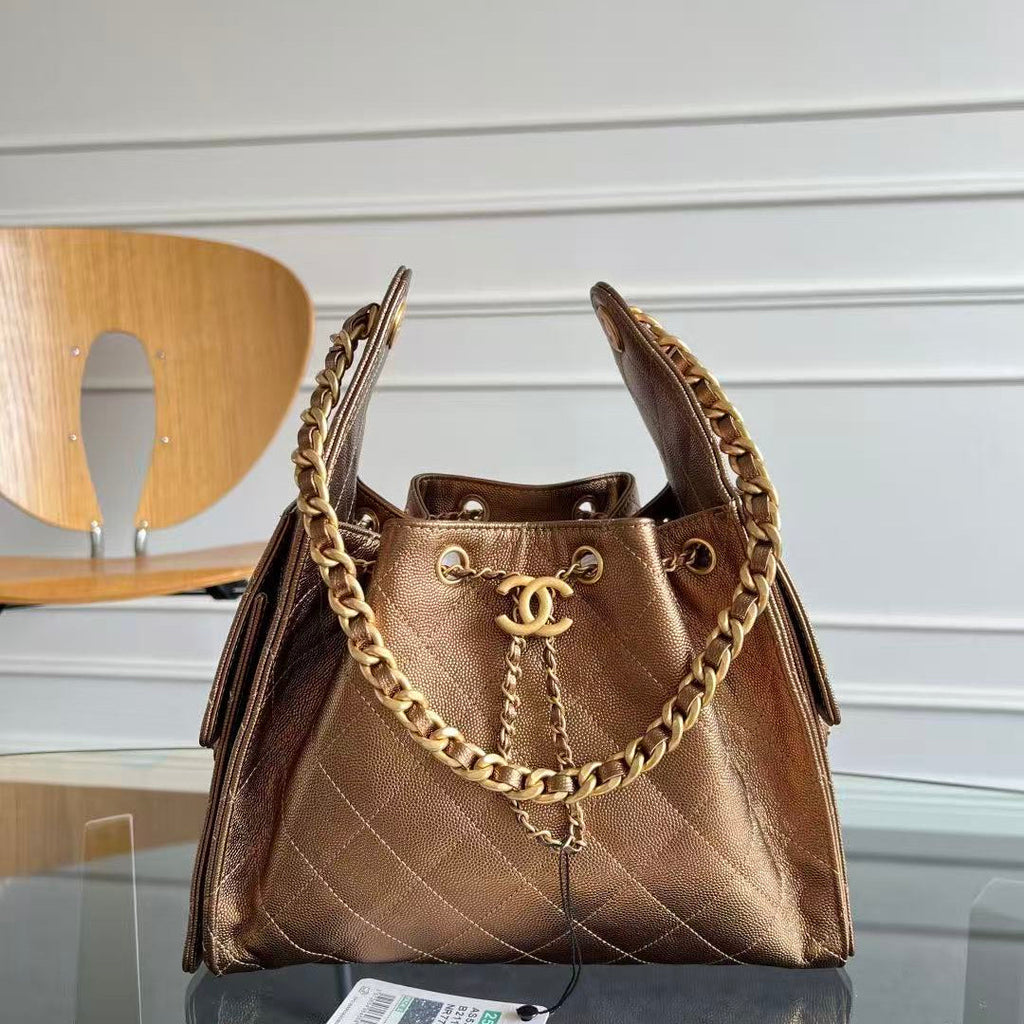 CHANEL 25S HOBO BAG 22 IN METALLIC GOLD ROSE CAVIAR GOLD HARDWARE