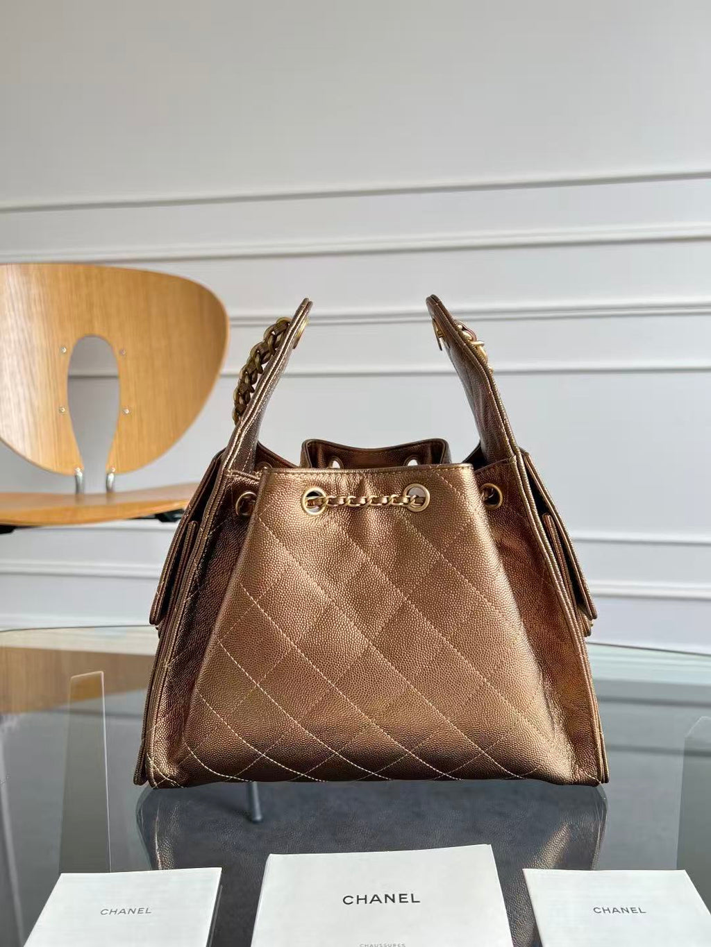 CHANEL 25S HOBO BAG 22 IN METALLIC GOLD ROSE CAVIAR GOLD HARDWARE
