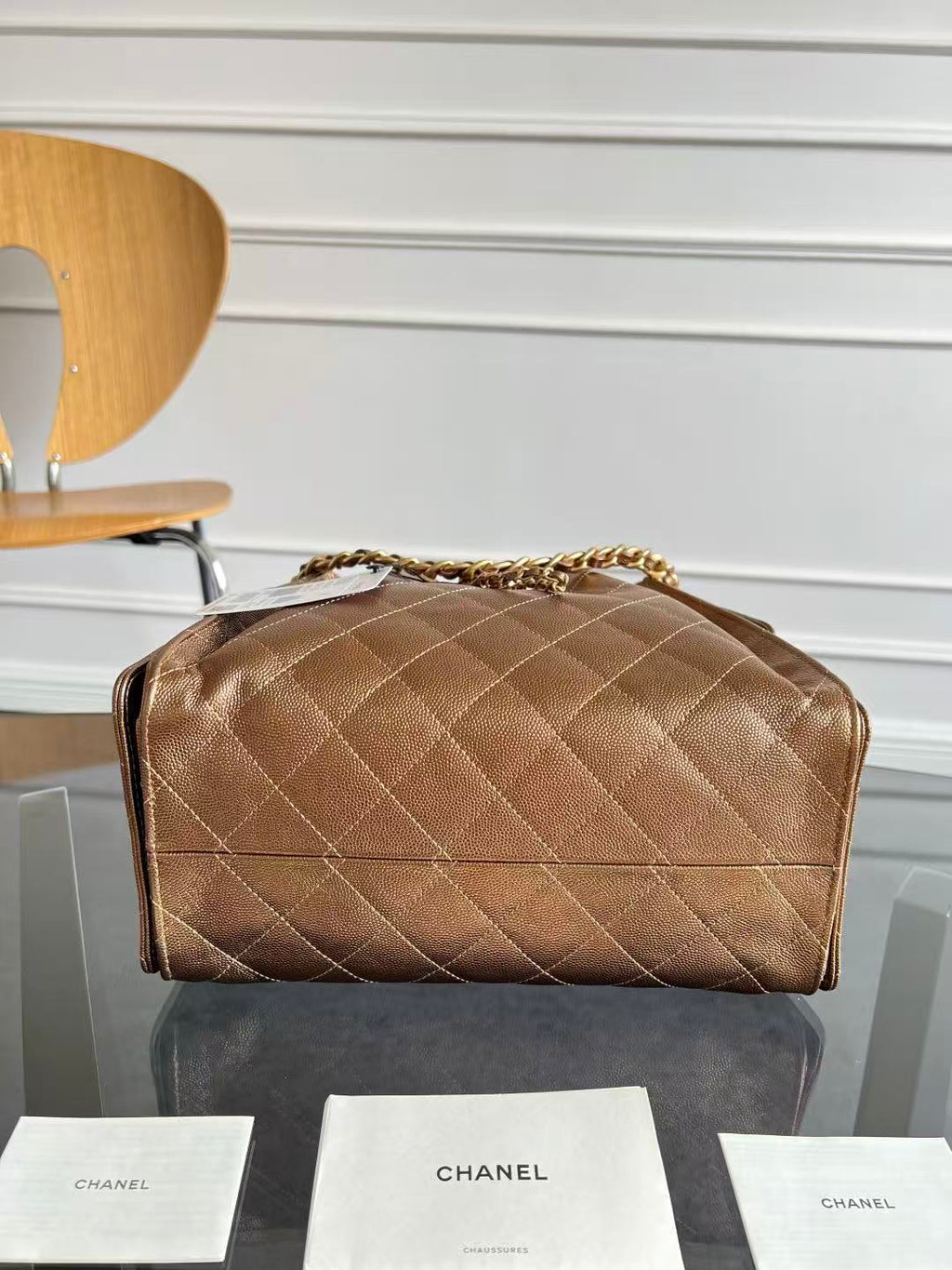 CHANEL 25S HOBO BAG 22 IN METALLIC GOLD ROSE CAVIAR GOLD HARDWARE