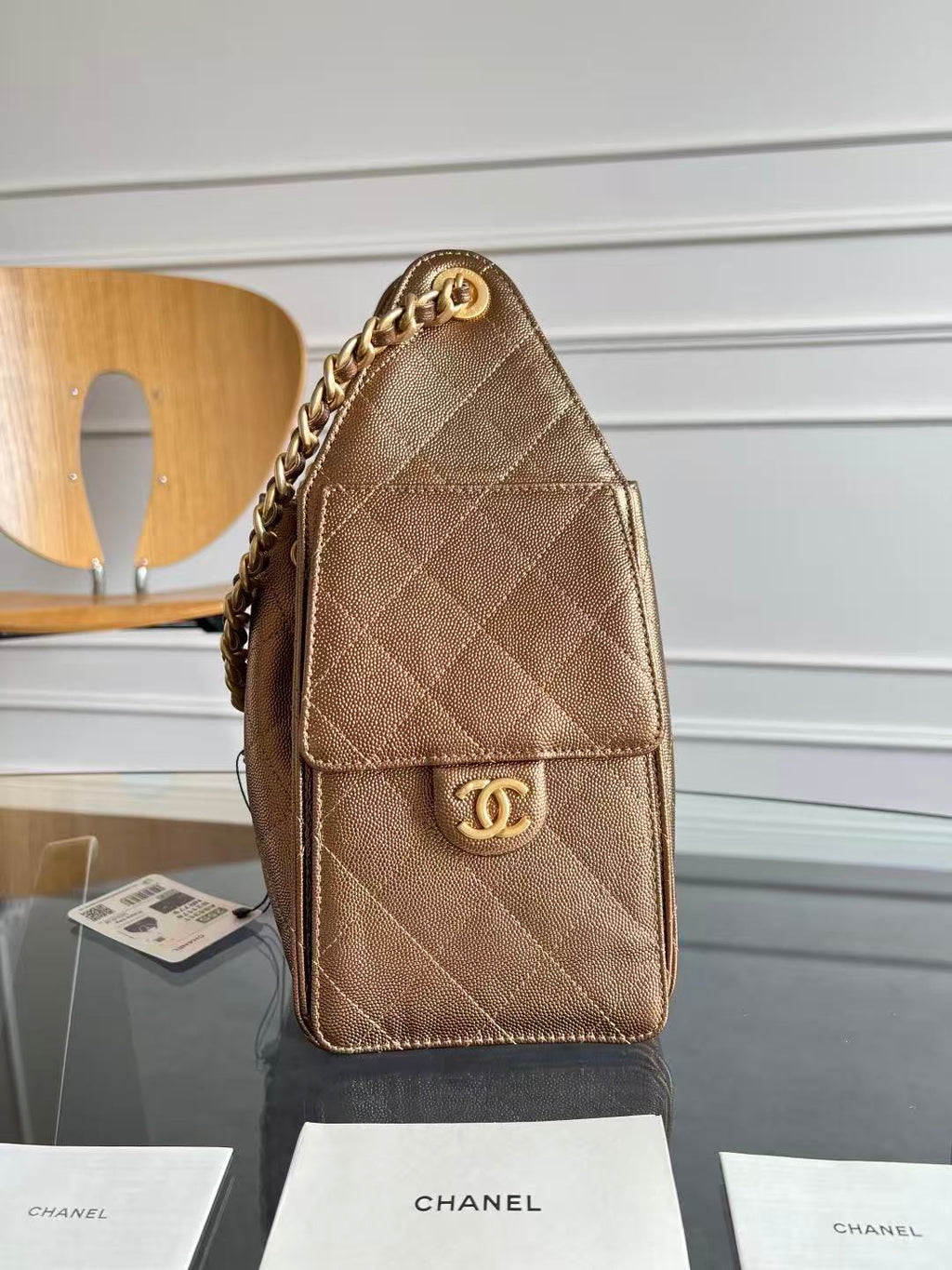 CHANEL 25S HOBO BAG 22 IN METALLIC GOLD ROSE CAVIAR GOLD HARDWARE
