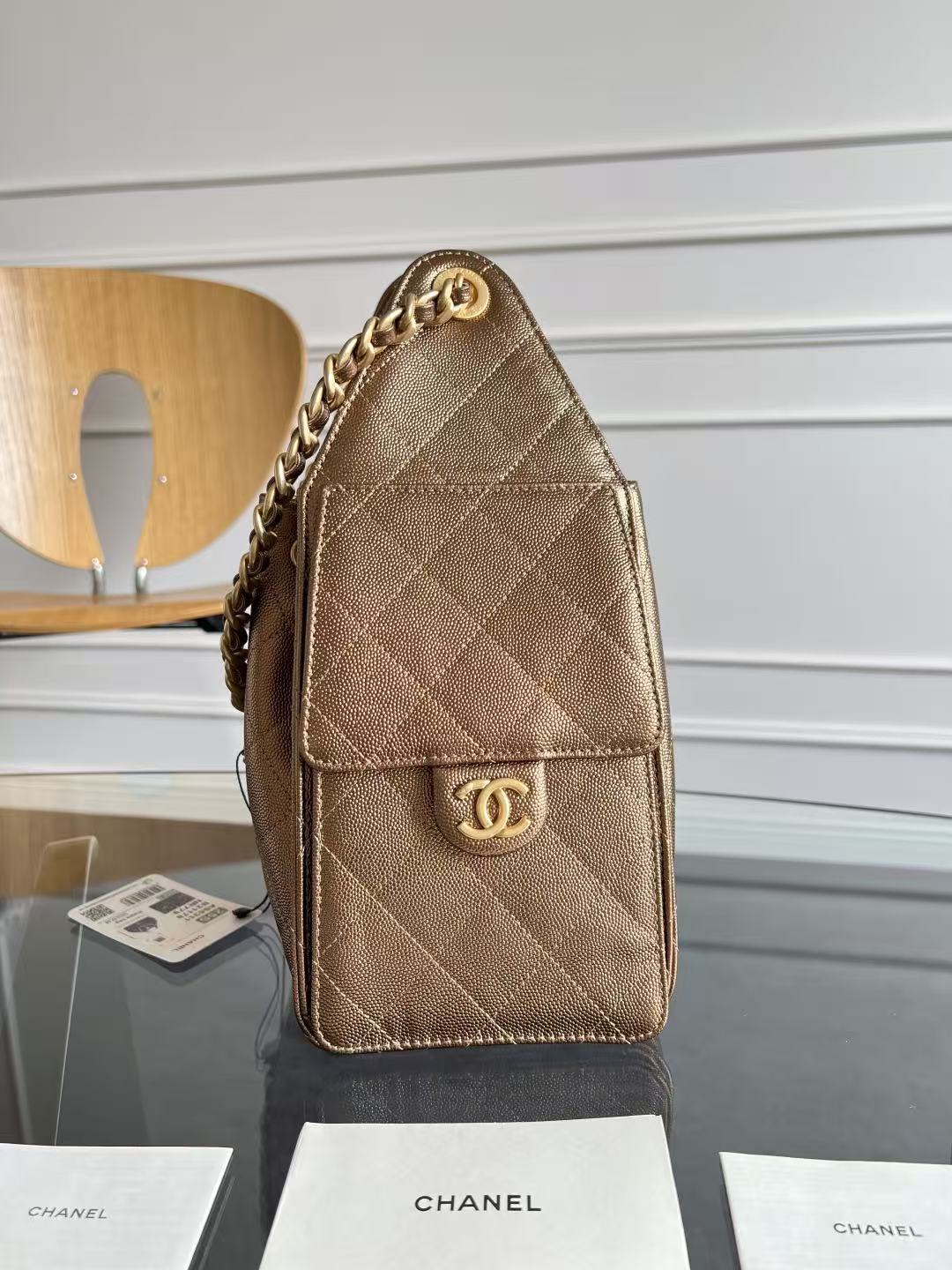 CHANEL 25S HOBO BAG 22 IN METALLIC GOLD ROSE CAVIAR GOLD HARDWARE
