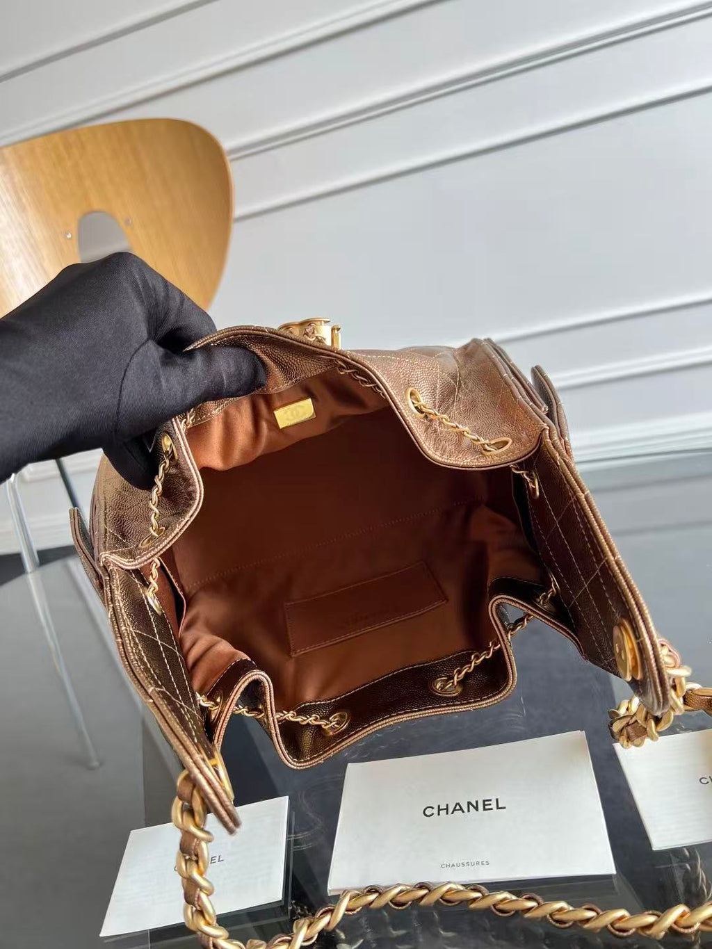 CHANEL 25S HOBO BAG 22 IN METALLIC GOLD ROSE CAVIAR GOLD HARDWARE