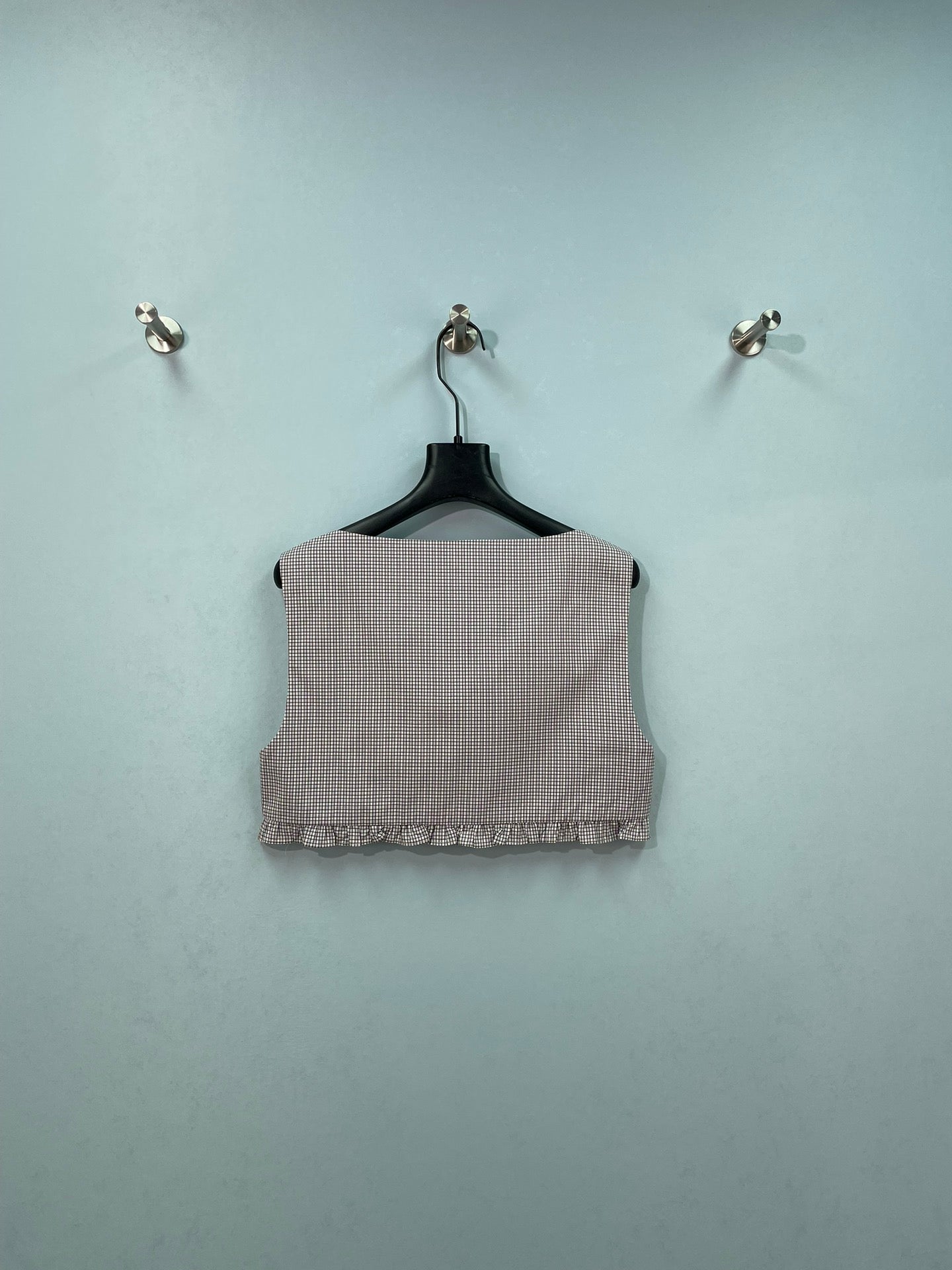 MIU MIU 26S CROPPED TANK TOP IN BEIGE GINGHAM COTTON