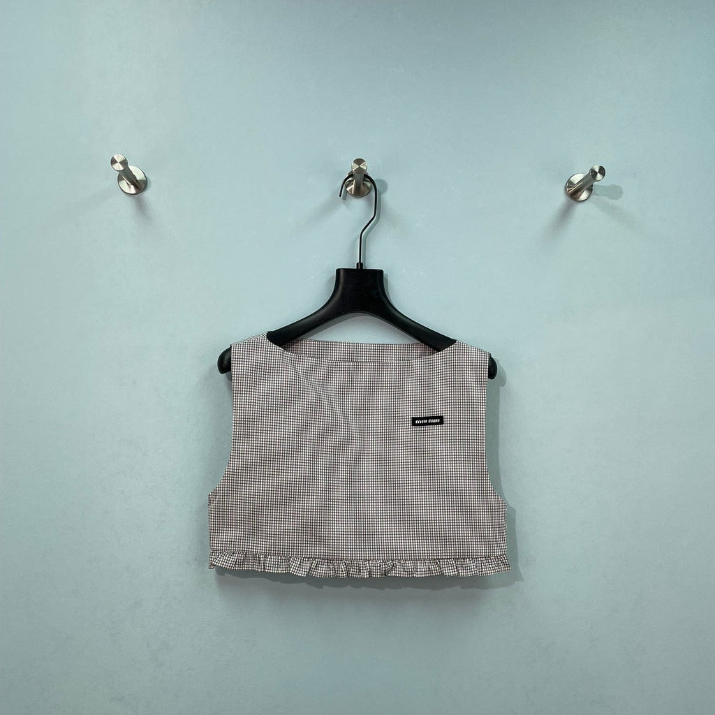 MIU MIU 26S CROPPED TANK TOP IN BEIGE GINGHAM COTTON