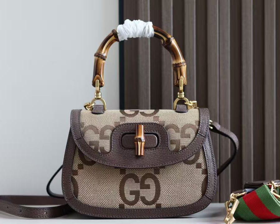 BAMBOO 1947 MINI BAG 21 IN BROWN CALFSKIN AND BEIGE CANVAS