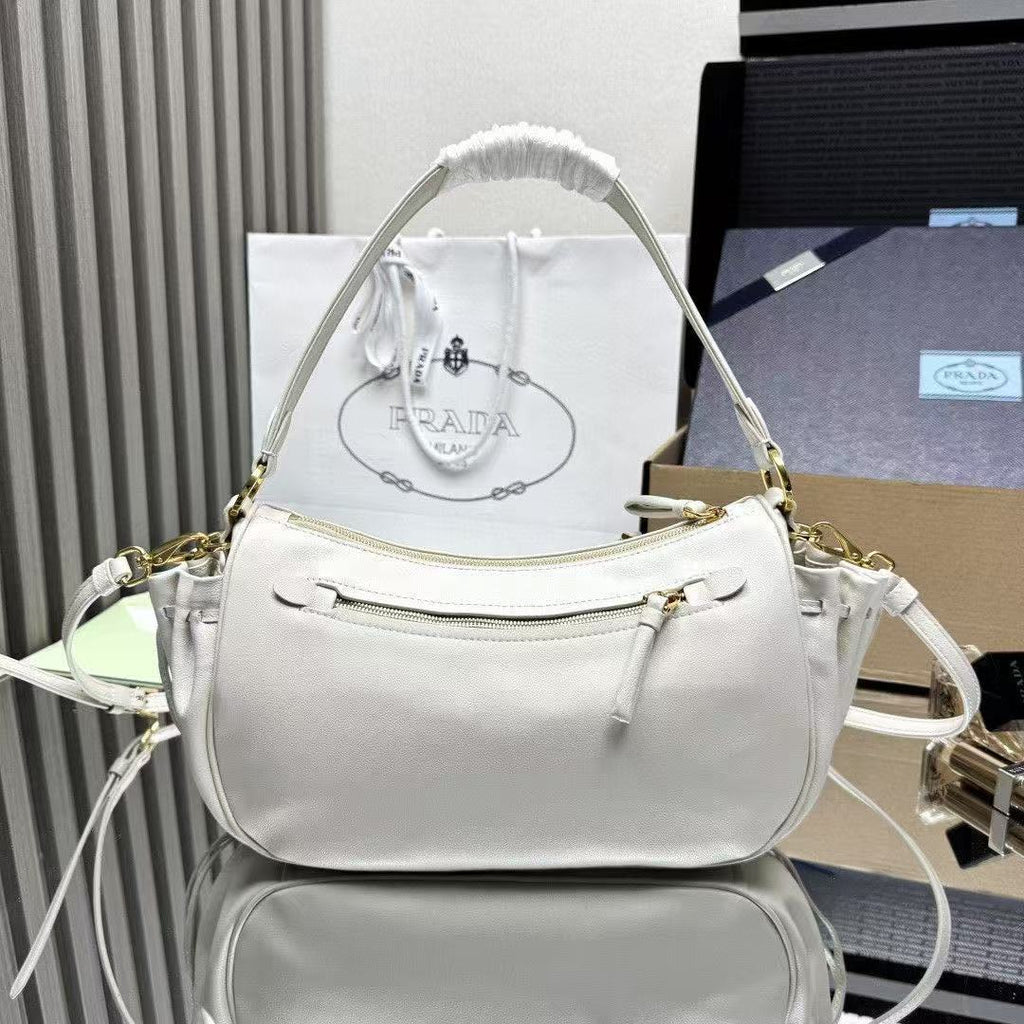 PRADA 26S HOBO BAG IN CREAM WHITE CALFSKIN LEATHER 31526