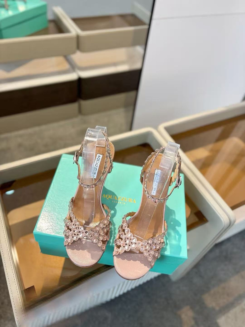 AQUAZZURA 26S CRYSTAL STRAPPY SANDALS IN BLUSH PINK SATIN
