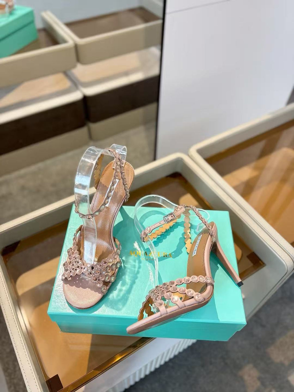 AQUAZZURA 26S CRYSTAL STRAPPY SANDALS IN BLUSH PINK SATIN