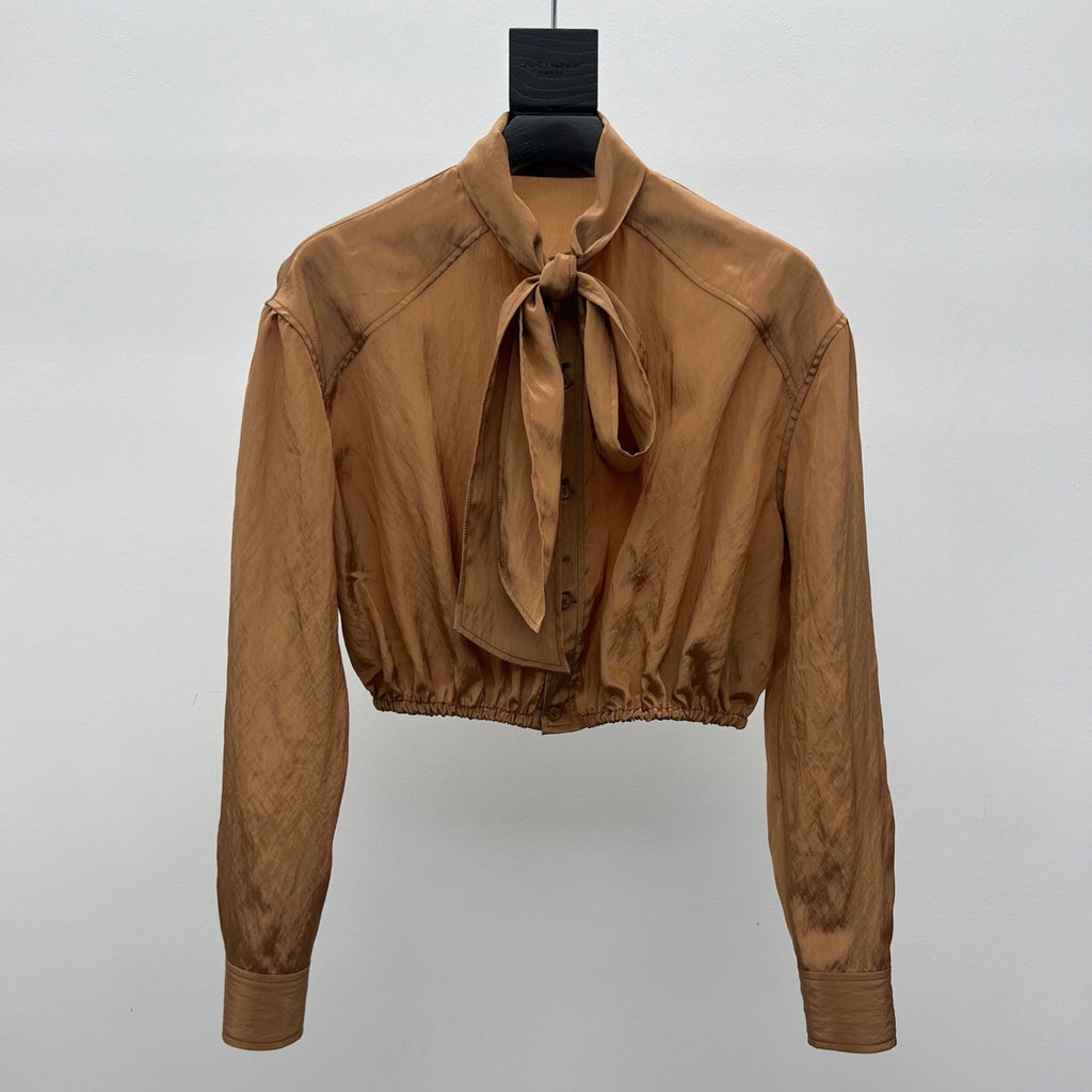 YSL 26S BOW TIE CROPPED BLOUSE IN CARAMEL SILK