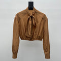 YSL 26S BOW TIE CROPPED BLOUSE IN CARAMEL SILK