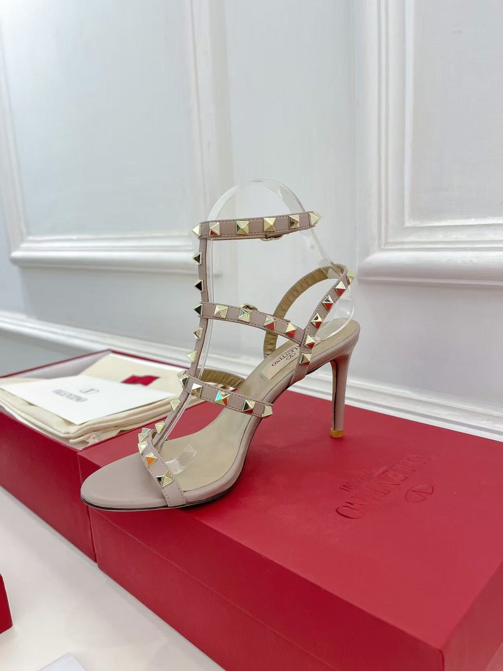 VALENTINO 26S ROCKSTUD CAGED SANDALS IN POWDER PINK CALFSKIN LEATHER