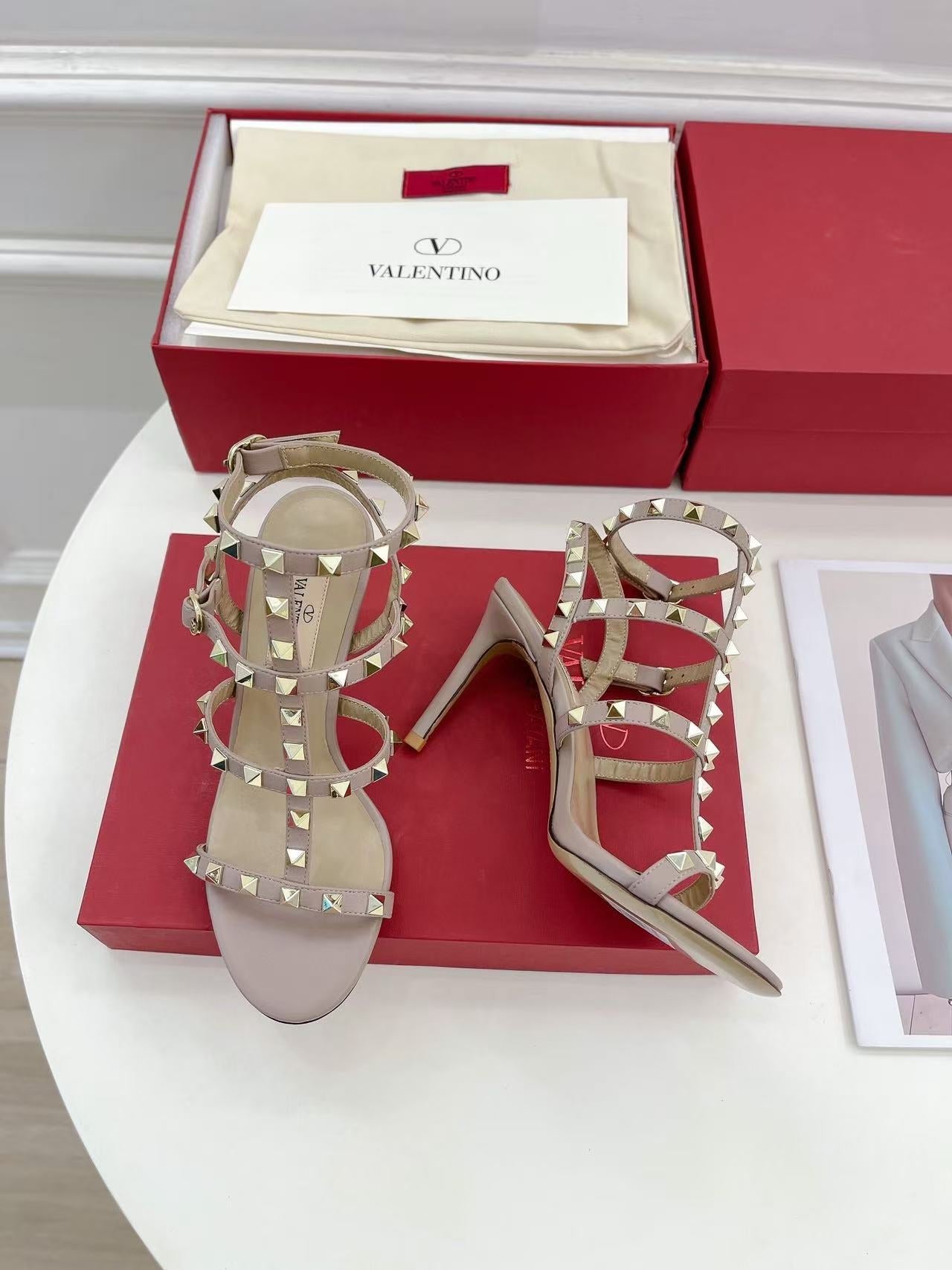 VALENTINO 26S ROCKSTUD CAGED SANDALS IN POWDER PINK CALFSKIN LEATHER