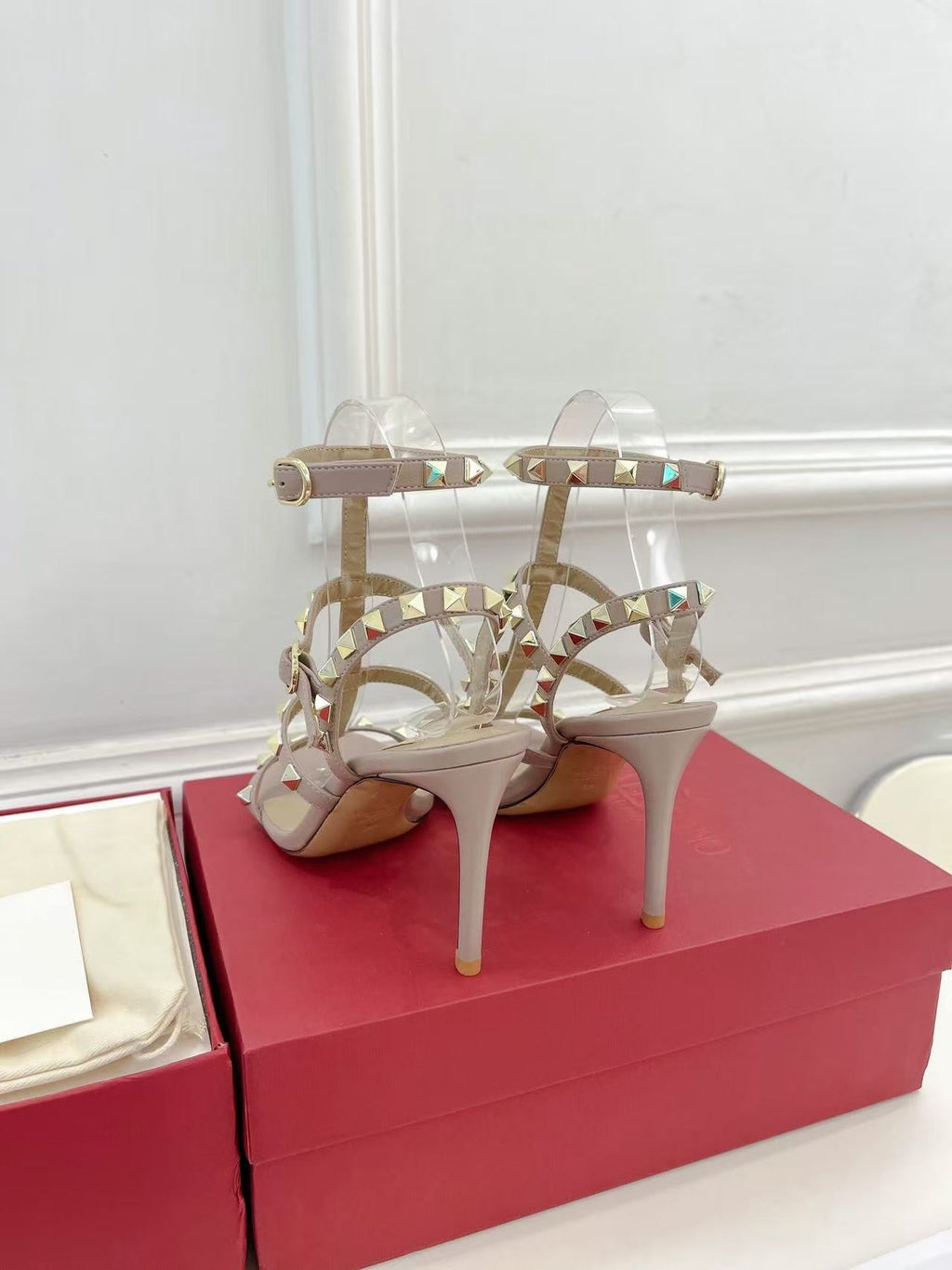 VALENTINO 26S ROCKSTUD CAGED SANDALS IN POWDER PINK CALFSKIN LEATHER