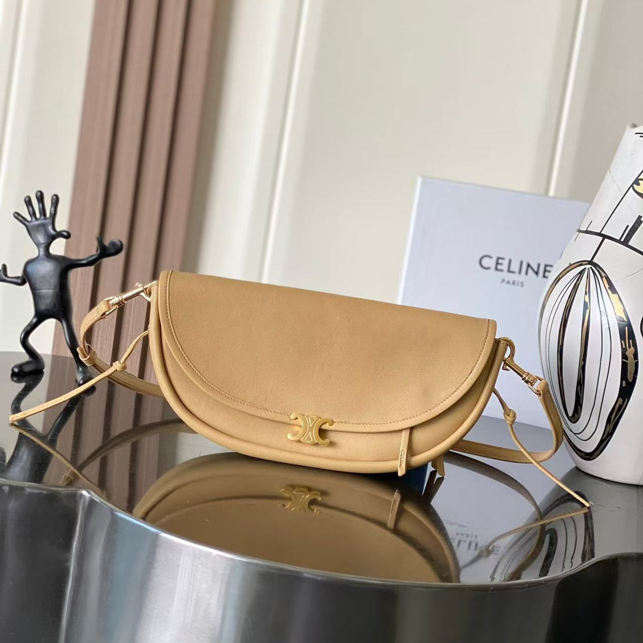 CELINE 26S LITTLE HALFMOON SOFT 25 IN BEIGE LAMBSKIN 8626