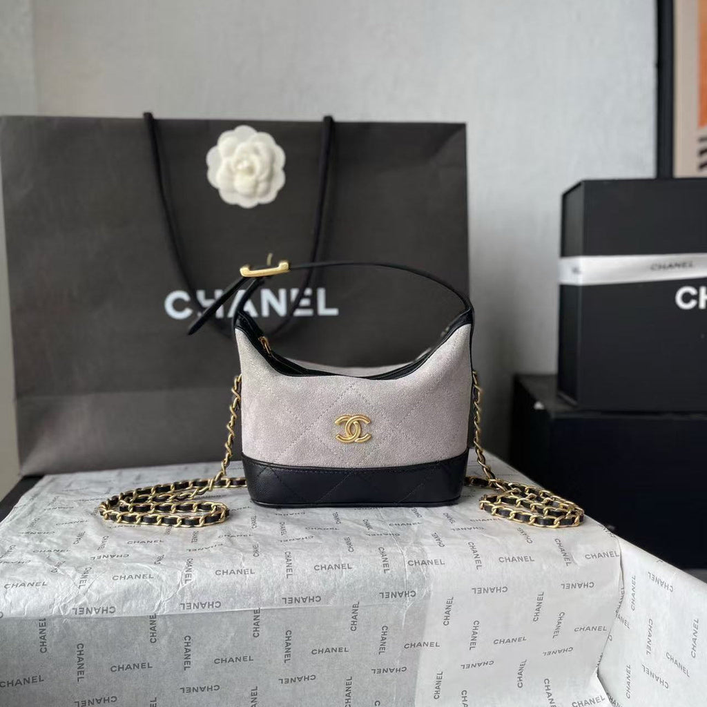CHANEL 26S MINI BUCKET BAG IN BEIGE BLACK CAVIAR LEATHER