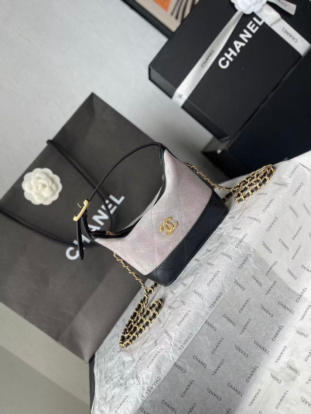 CHANEL 26S MINI BUCKET BAG IN BEIGE BLACK CAVIAR LEATHER