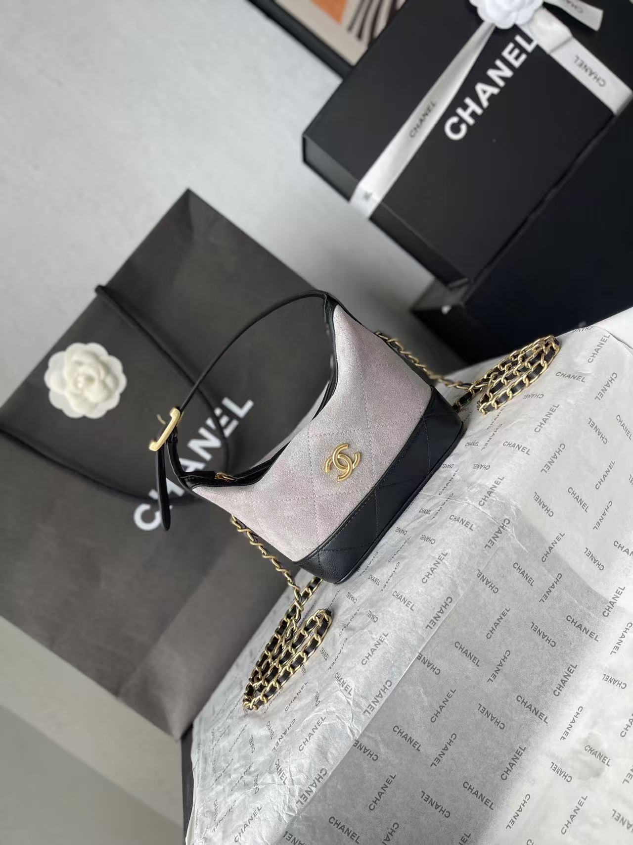 CHANEL 26S MINI BUCKET BAG IN BEIGE BLACK CAVIAR LEATHER