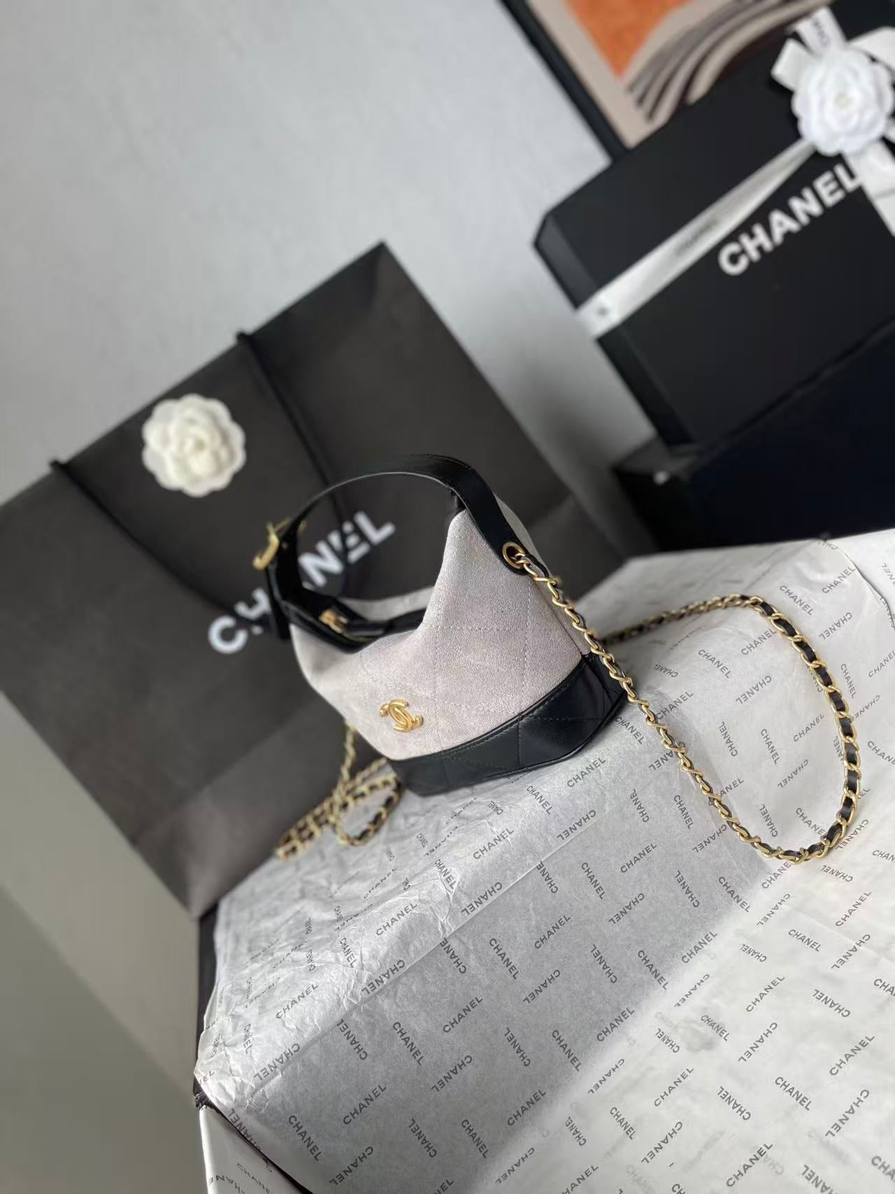 CHANEL 26S MINI BUCKET BAG IN BEIGE BLACK CAVIAR LEATHER