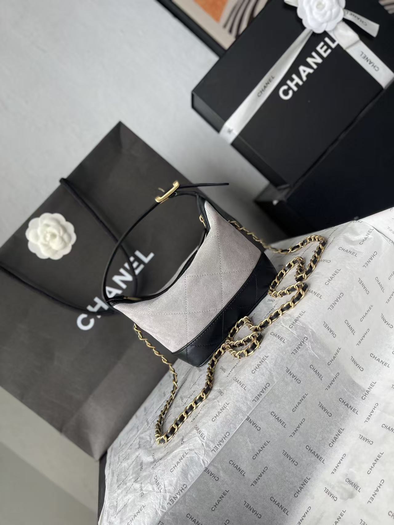CHANEL 26S MINI BUCKET BAG IN BEIGE BLACK CAVIAR LEATHER
