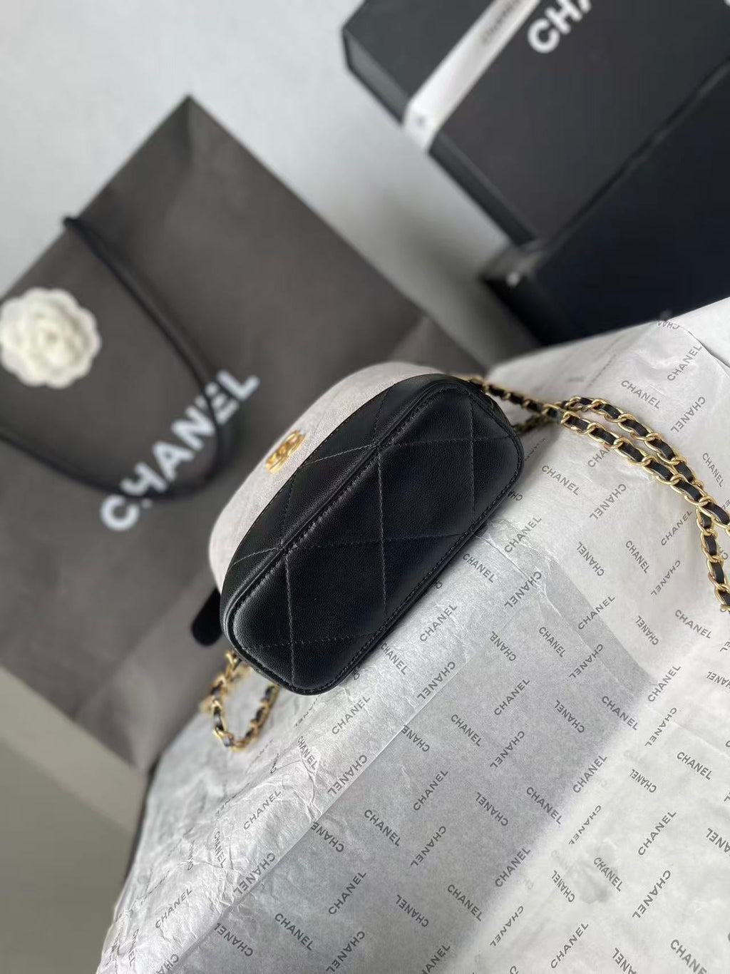 CHANEL 26S MINI BUCKET BAG IN BEIGE BLACK CAVIAR LEATHER