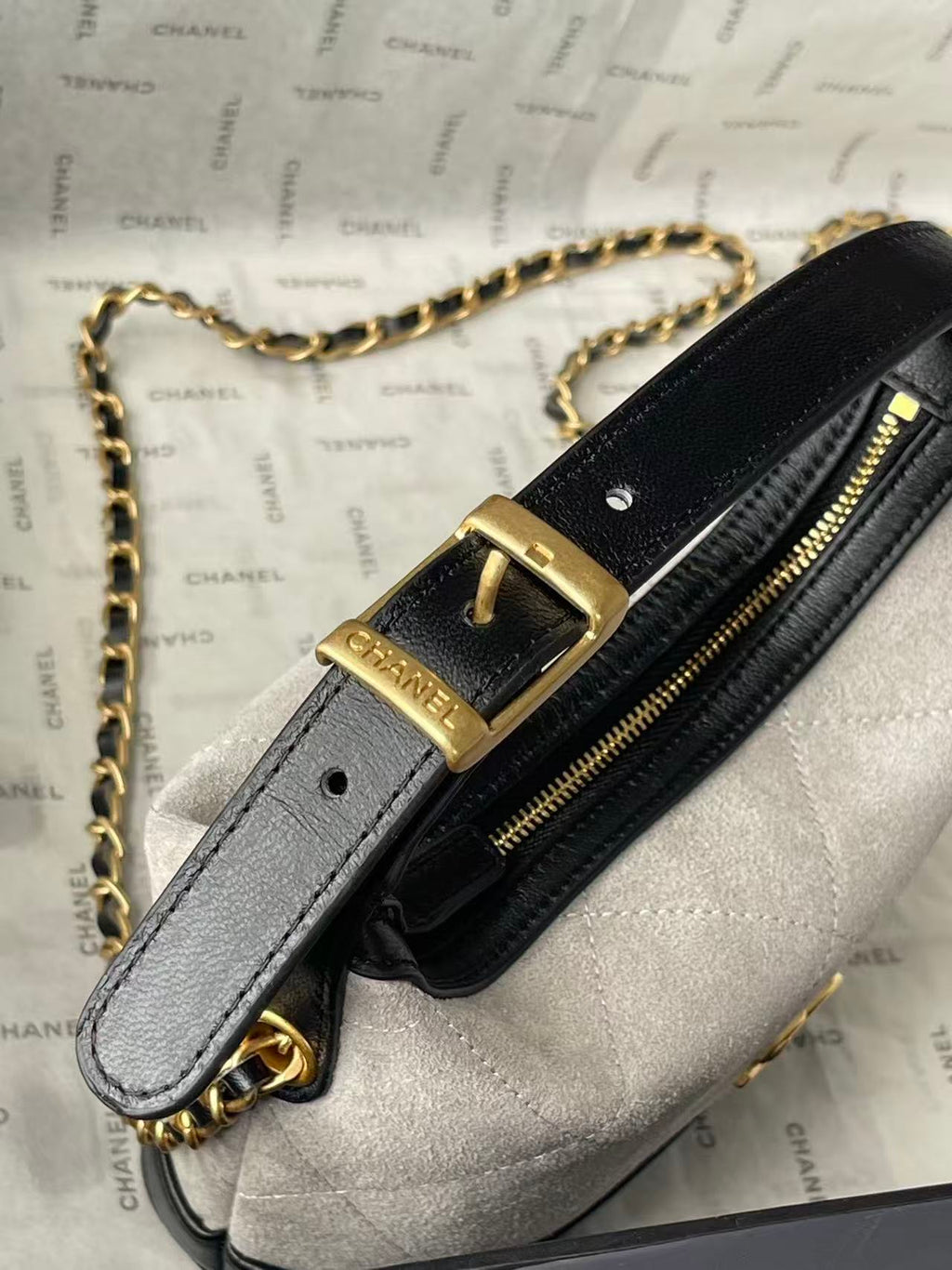 CHANEL 26S MINI BUCKET BAG IN BEIGE BLACK CAVIAR LEATHER