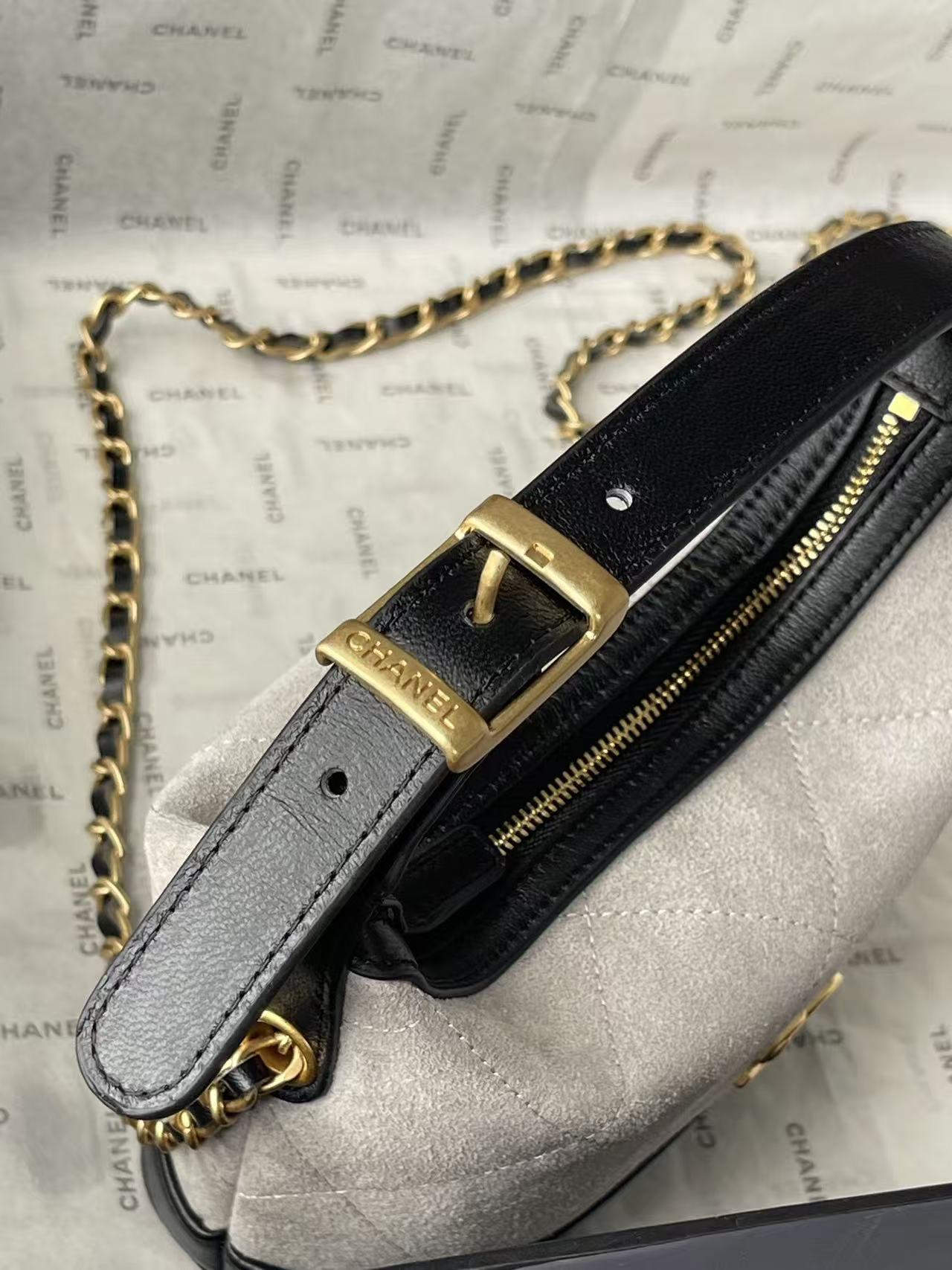 CHANEL 26S MINI BUCKET BAG IN BEIGE BLACK CAVIAR LEATHER