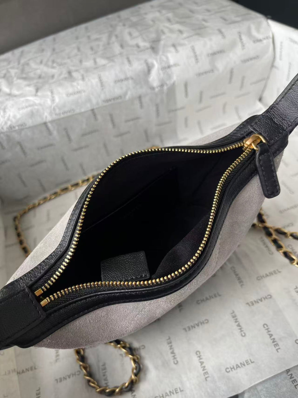 CHANEL 26S MINI BUCKET BAG IN BEIGE BLACK CAVIAR LEATHER