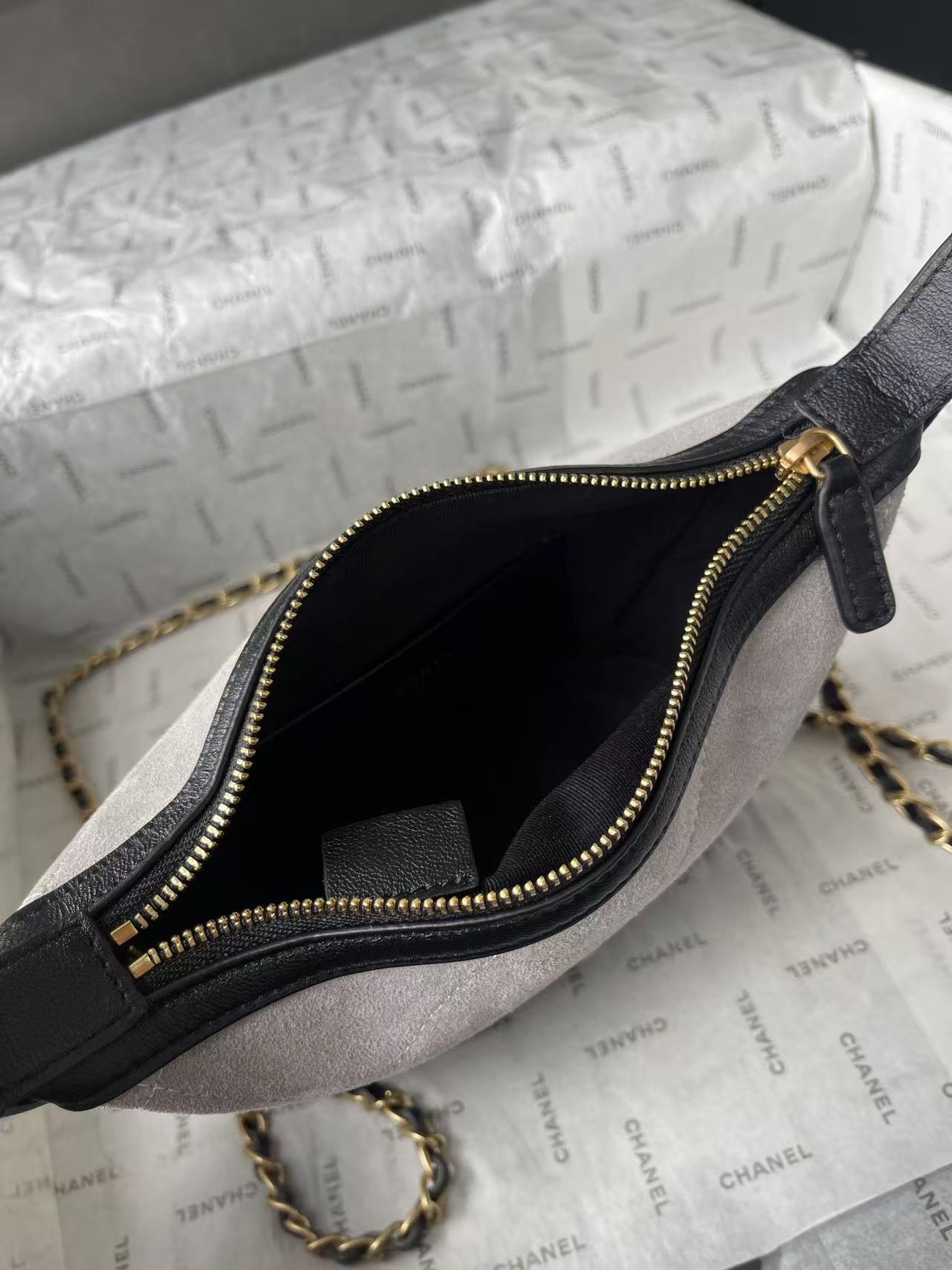 CHANEL 26S MINI BUCKET BAG IN BEIGE BLACK CAVIAR LEATHER