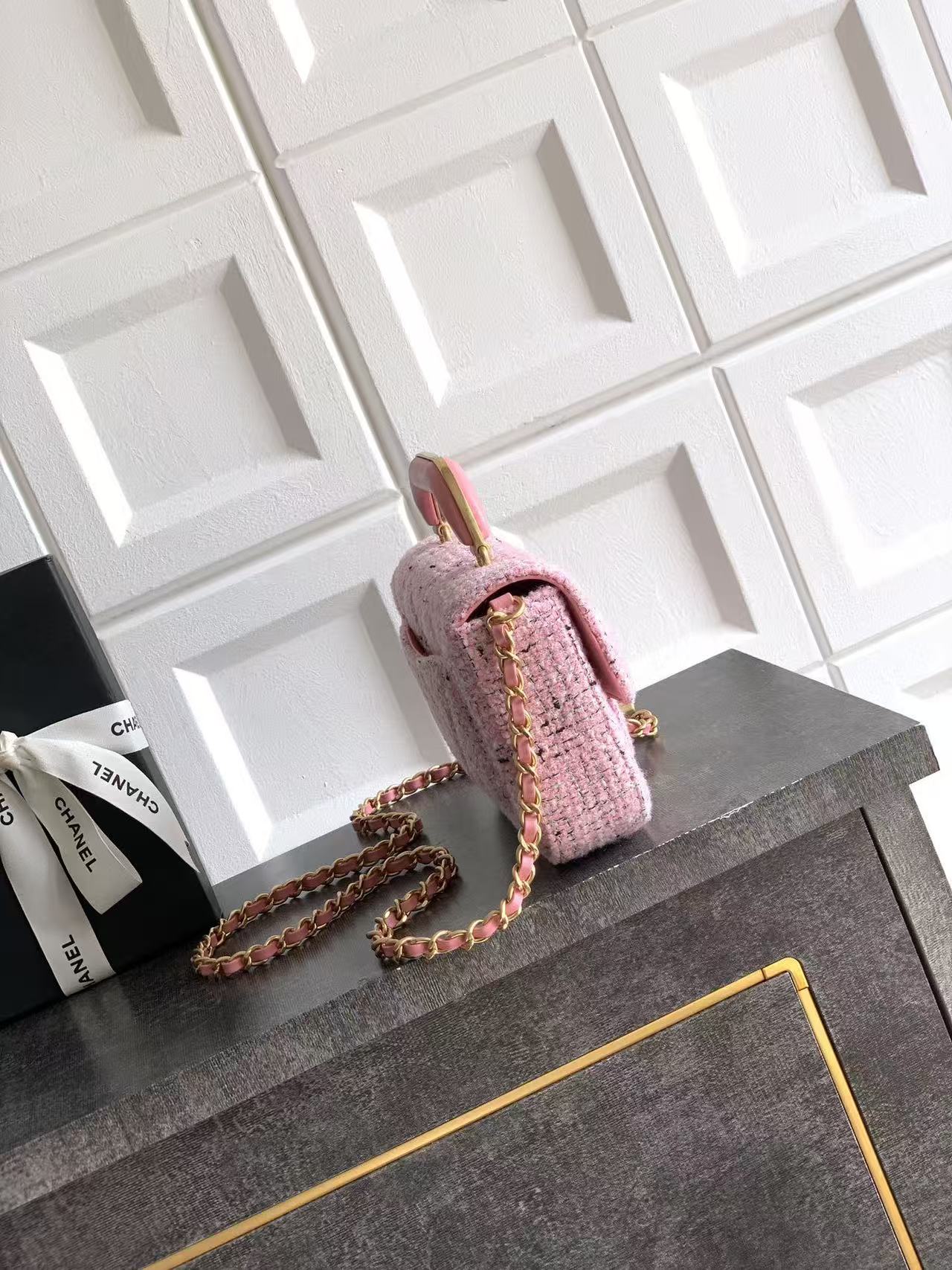 CHANEL 26S MINI COCO TOP HANDLE BAG IN BLUSH PINK TWEED