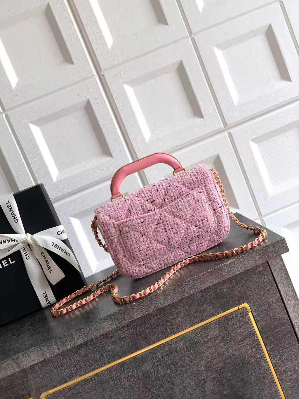 CHANEL 26S MINI COCO TOP HANDLE BAG IN BLUSH PINK TWEED