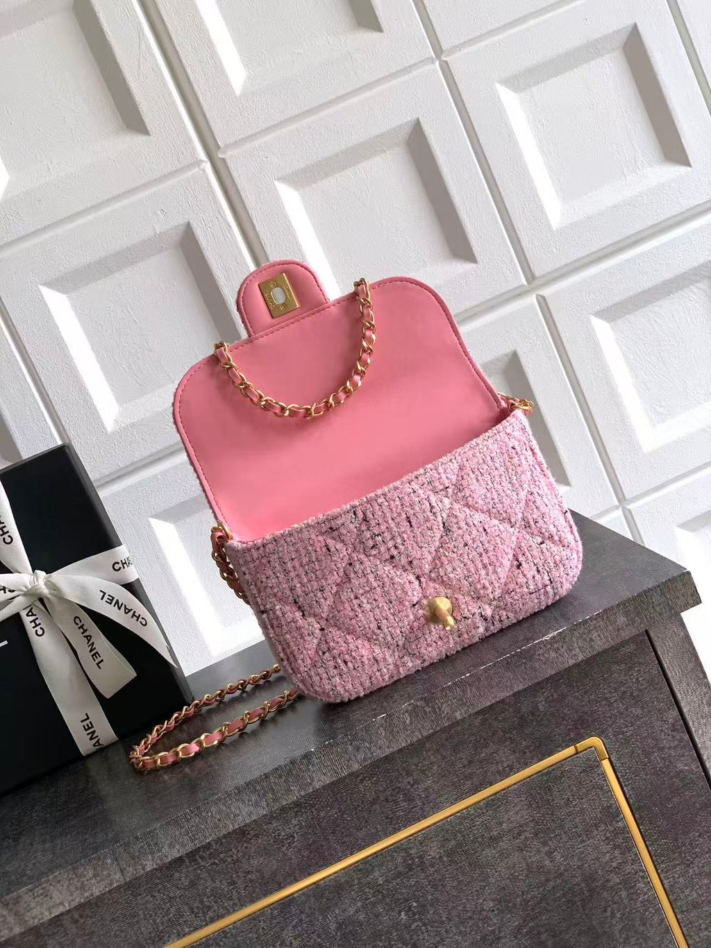 CHANEL 26S MINI COCO TOP HANDLE BAG IN BLUSH PINK TWEED