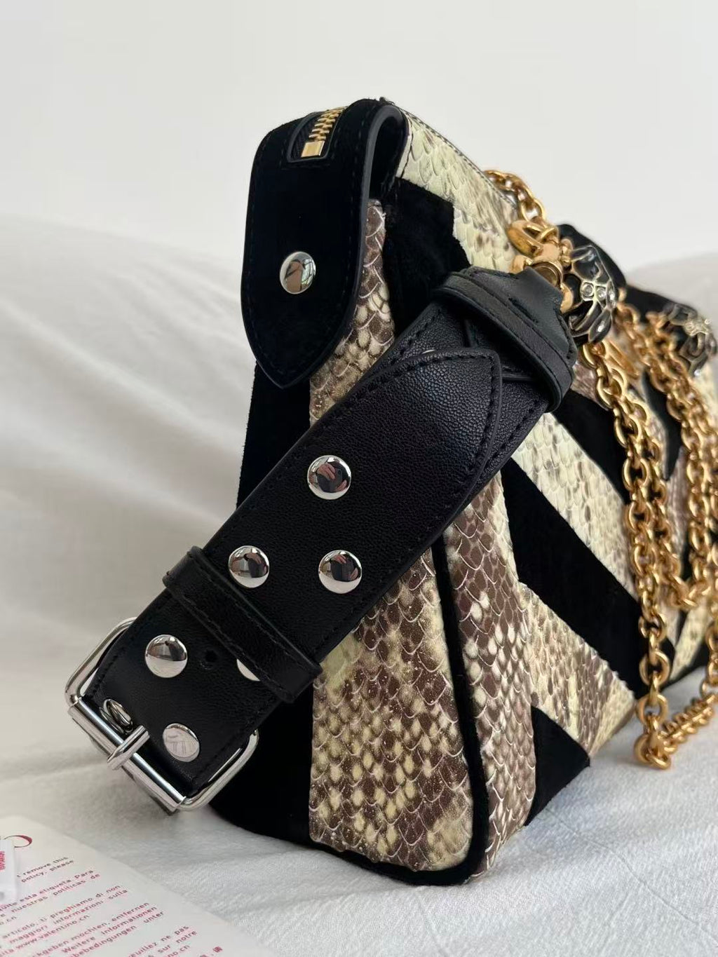 VALENTINO 26S SHOULDER BAG IN BLACK & NATURAL PYTHON LEATHER