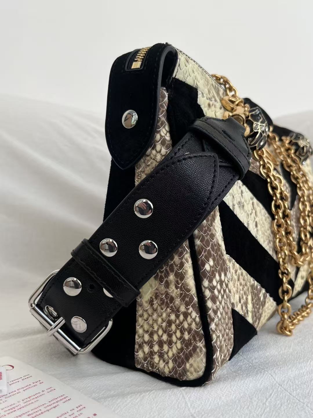 VALENTINO 26S SHOULDER BAG IN BLACK & NATURAL PYTHON LEATHER