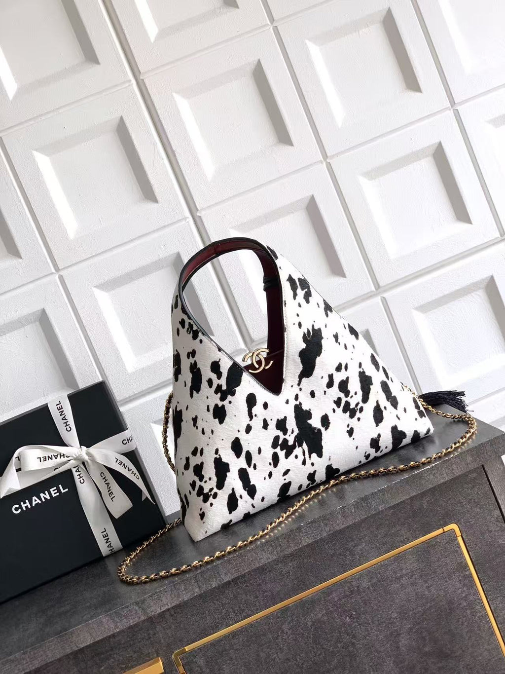 CHANEL 26S TRIANGLE HOBO BAG IN BLACK WHITE CALFSKIN  LEATHER