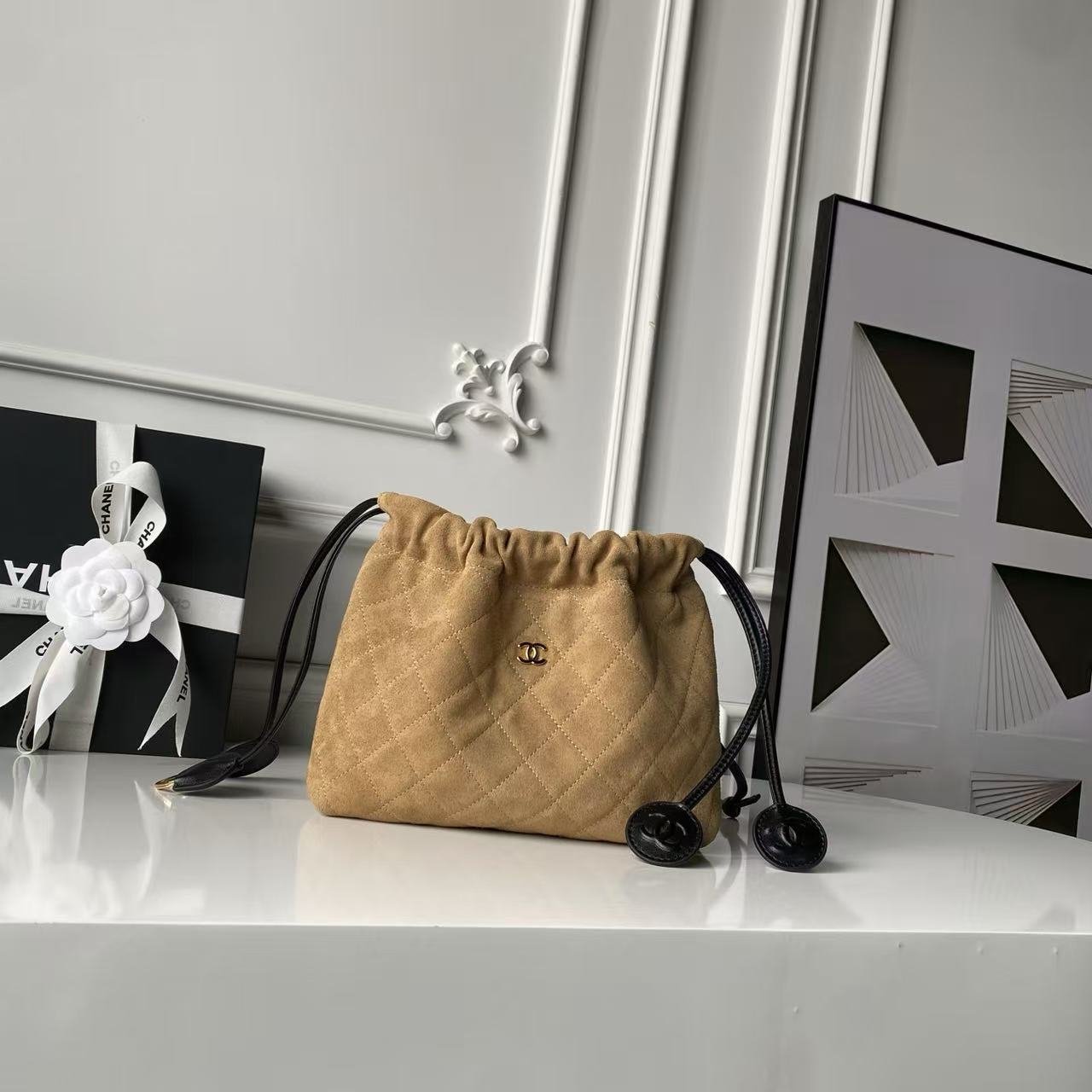 CHANEL 26S DRAWSTRING BUCKET BAG IN BROWN SUEDE