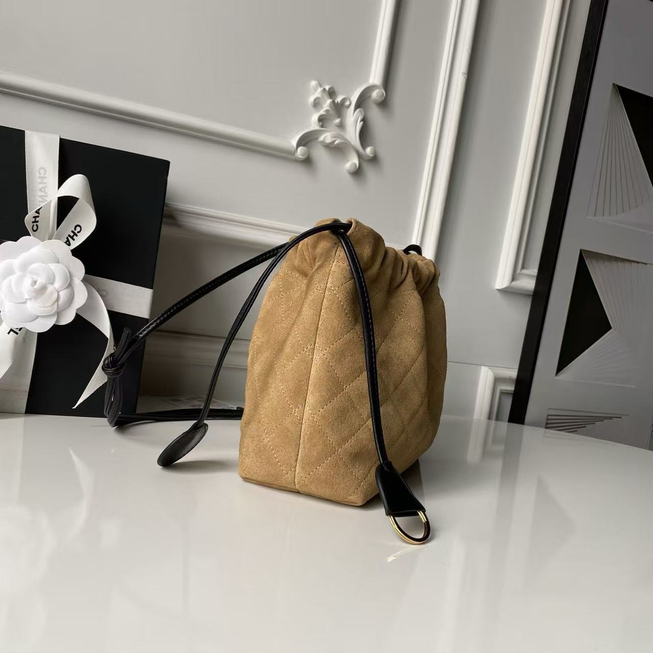CHANEL 26S DRAWSTRING BUCKET BAG IN BROWN SUEDE