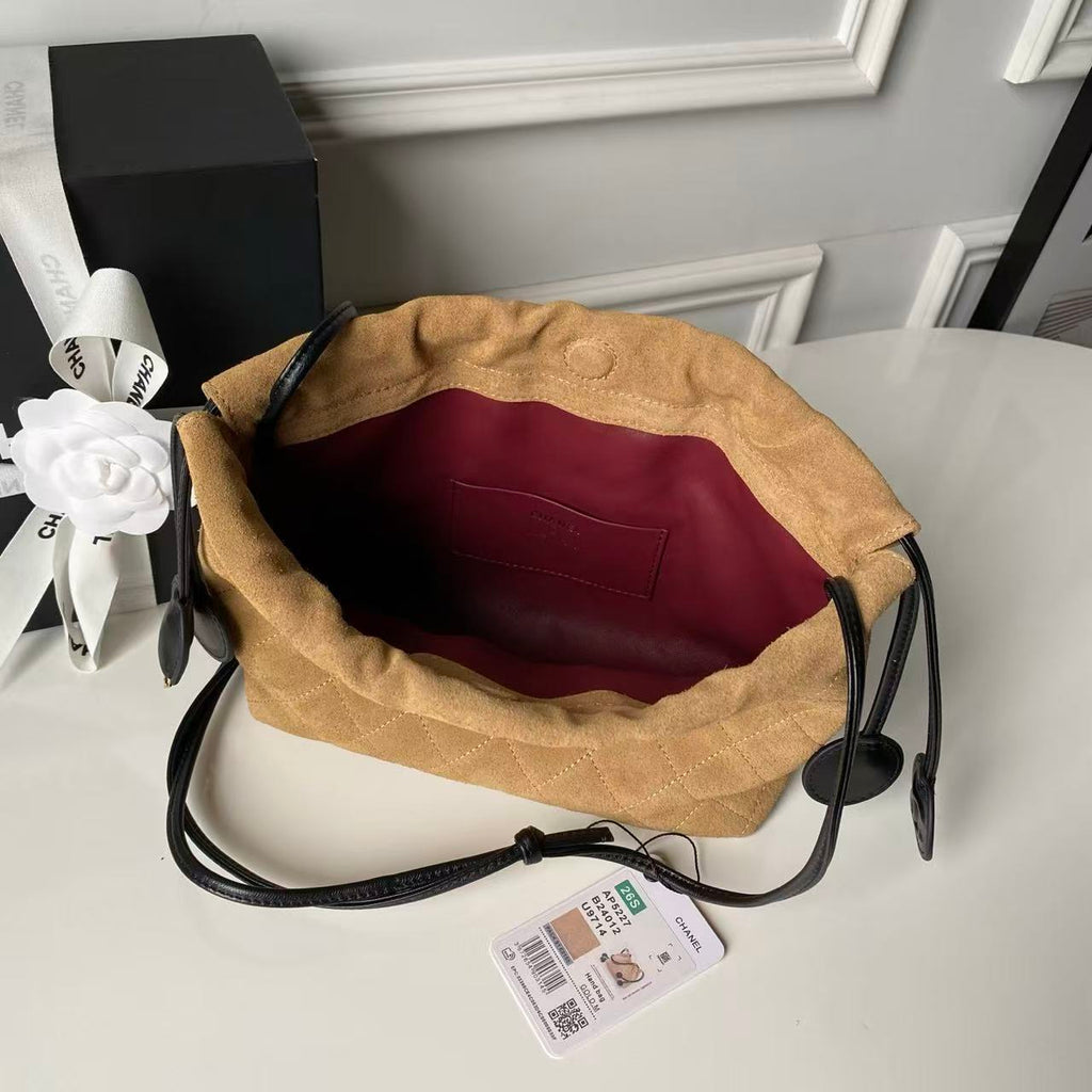 CHANEL 26S DRAWSTRING BUCKET BAG IN BROWN SUEDE