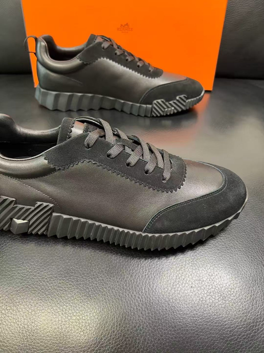 HERMES 26S TRAIL SNEAKER IN BLACK CALFSKIN LEATHER