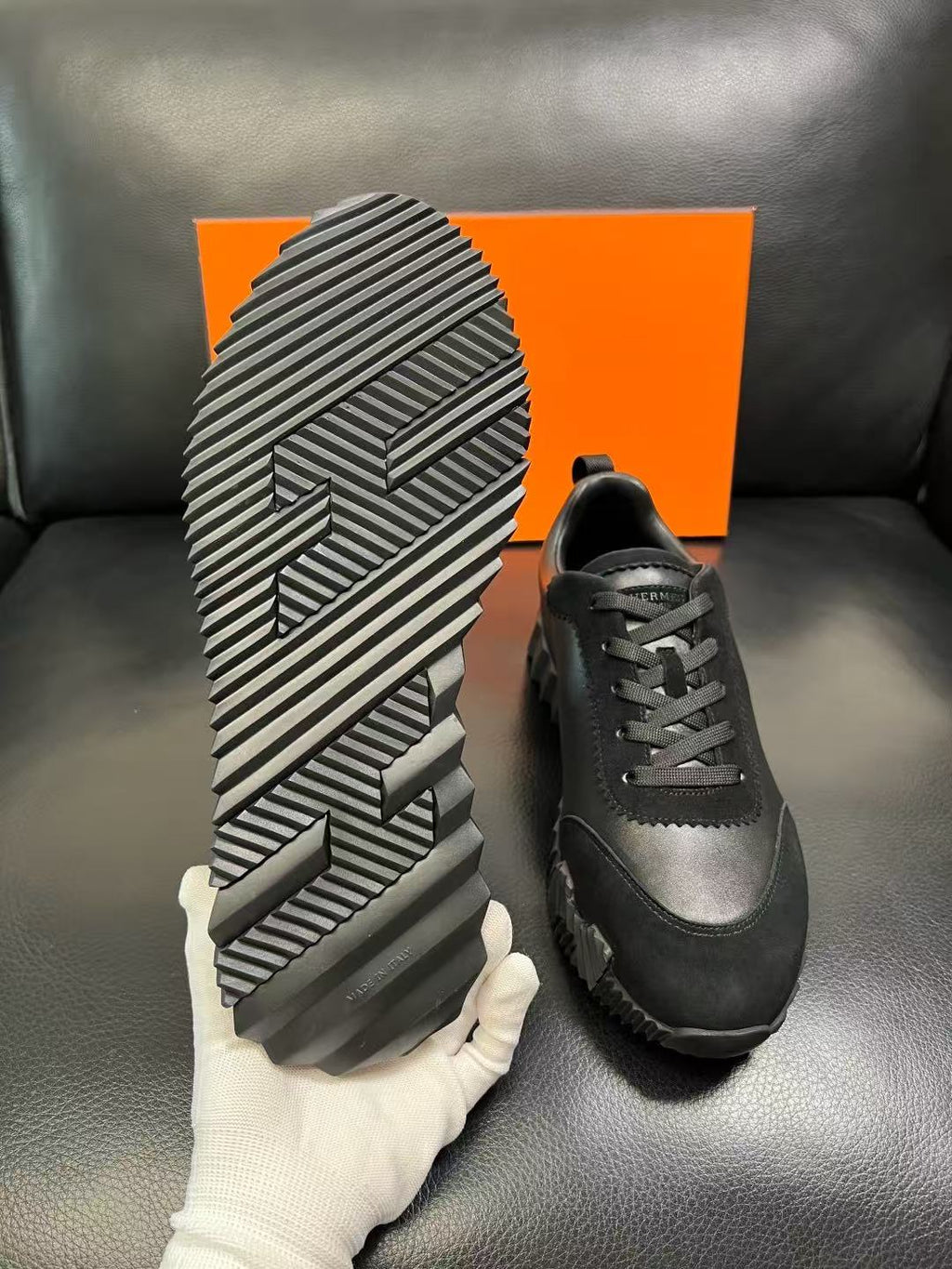 HERMES 26S TRAIL SNEAKER IN BLACK CALFSKIN LEATHER