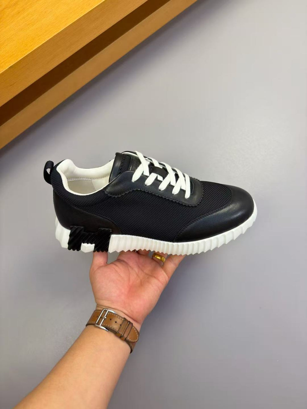 HERMES 26S TRAIL SNEAKER IN BLACK TECHNICAL FABRIC & LEATHER